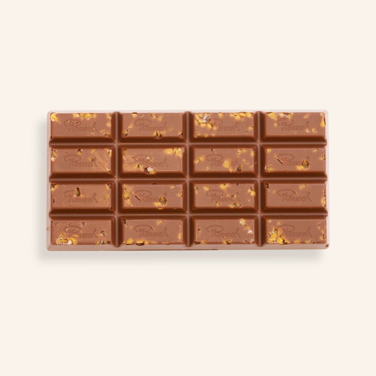 Vollmilchschokoladentafel mit Karamell und Meersalzstückchen, Rausch-Logo auf jeder Stückchenprägung.
