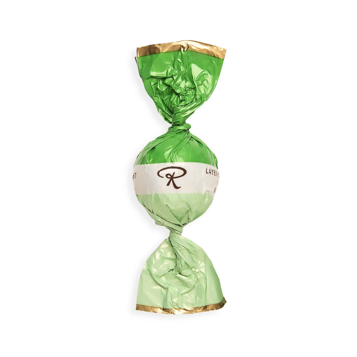 Eingepackte Pralinenkugel mit grün-goldener Verpackung und Rausch-Logo.