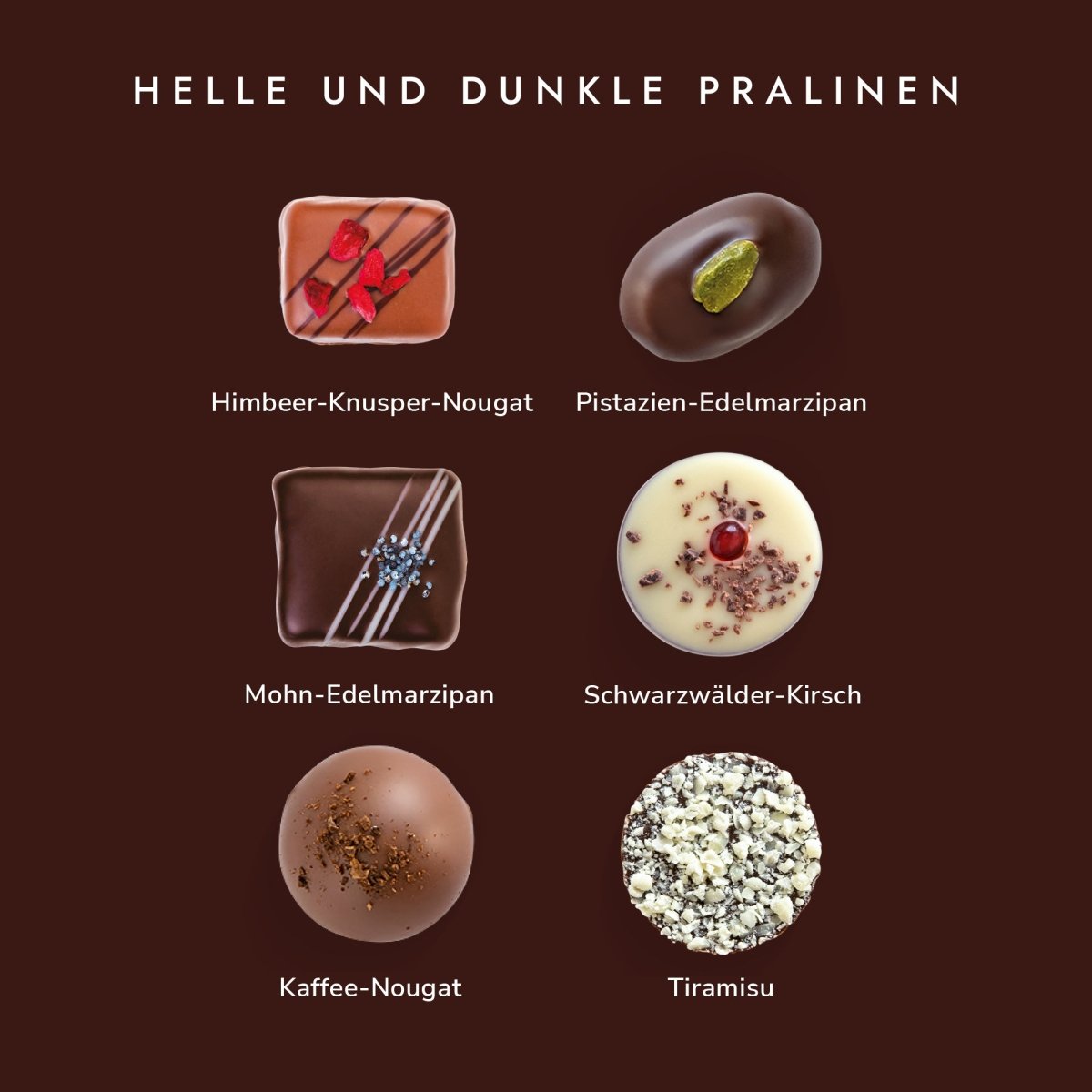 Sechs Pralinensorten: Himbeer, Pistazie, Mohn, Schwarzwälder, Kaffee, Tiramisu vor braunem Hintergrund.