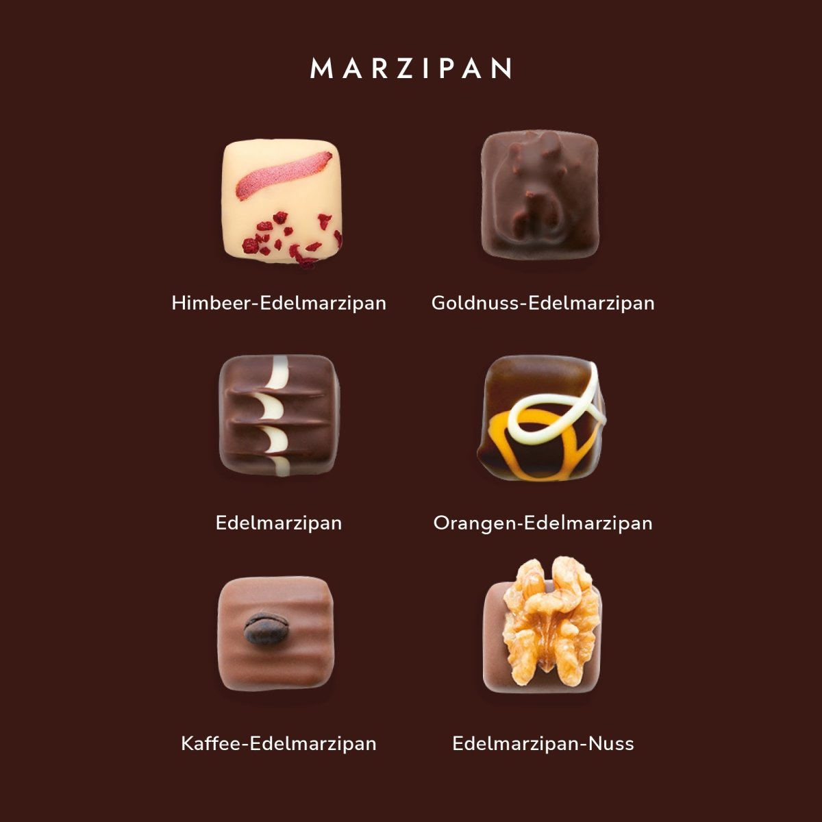 Sechs Pralinen mit Marzipan, sortiert: Himbeer, Goldnuss, klassisch, Orange, Kaffee, und Edelmarzipan-Nuss.