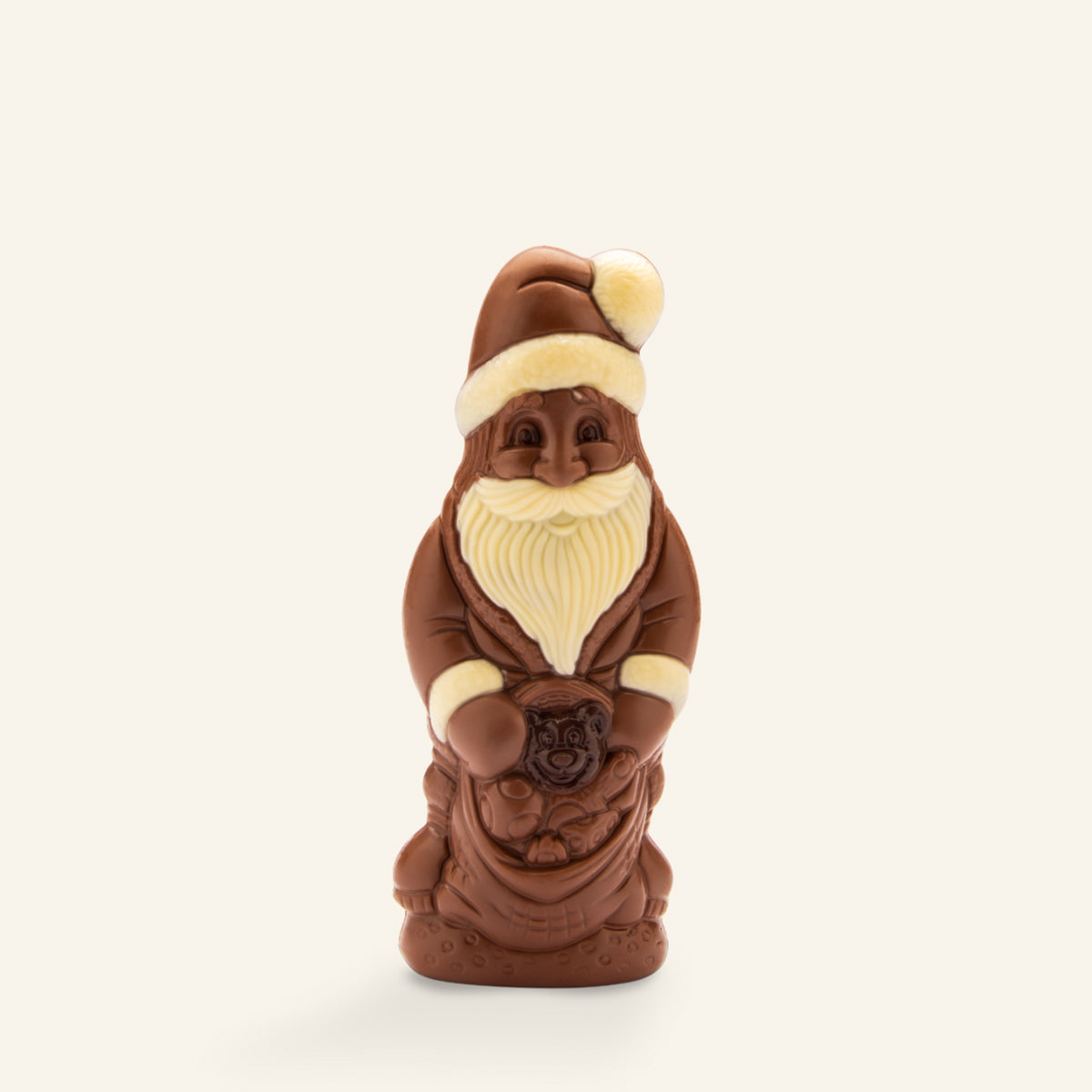 Handwerkliche Vollmilchschokolade Weihnachtsmann mit hellen Details und Sack. - Rausch