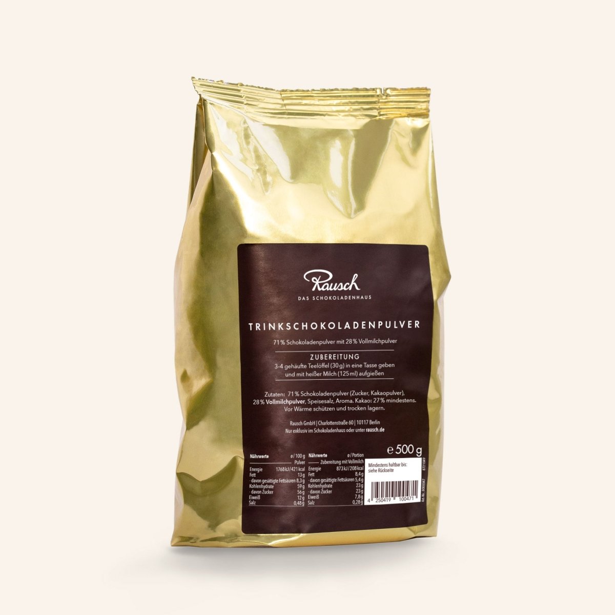 Goldene Verpackung mit Rausch Trinkschokoladenpulver, 500g, auf hellem Hintergrund.