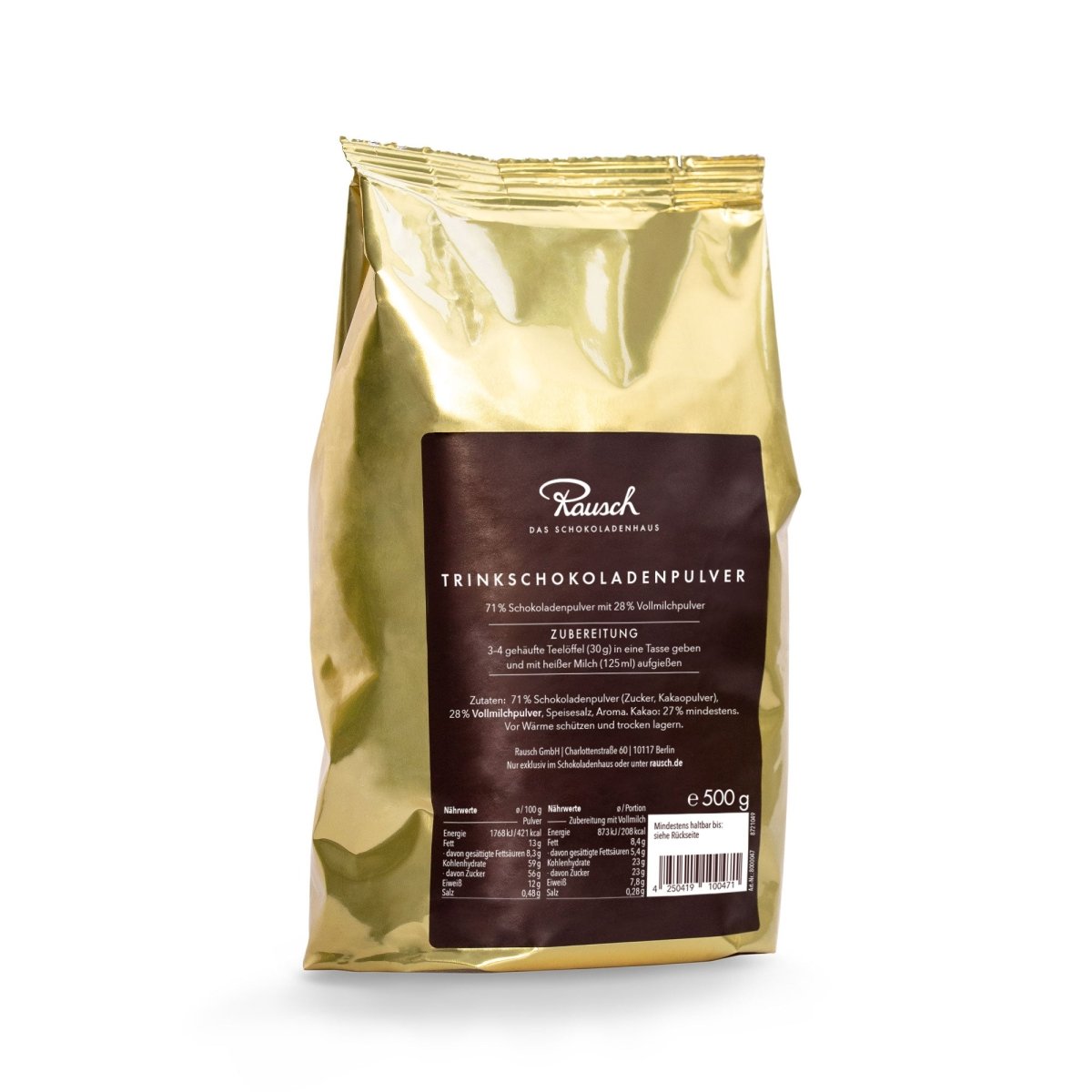 Goldene Packung Rausch Trinkschokoladenpulver, 500 g, mit braunem Etikett auf der Vorderseite.