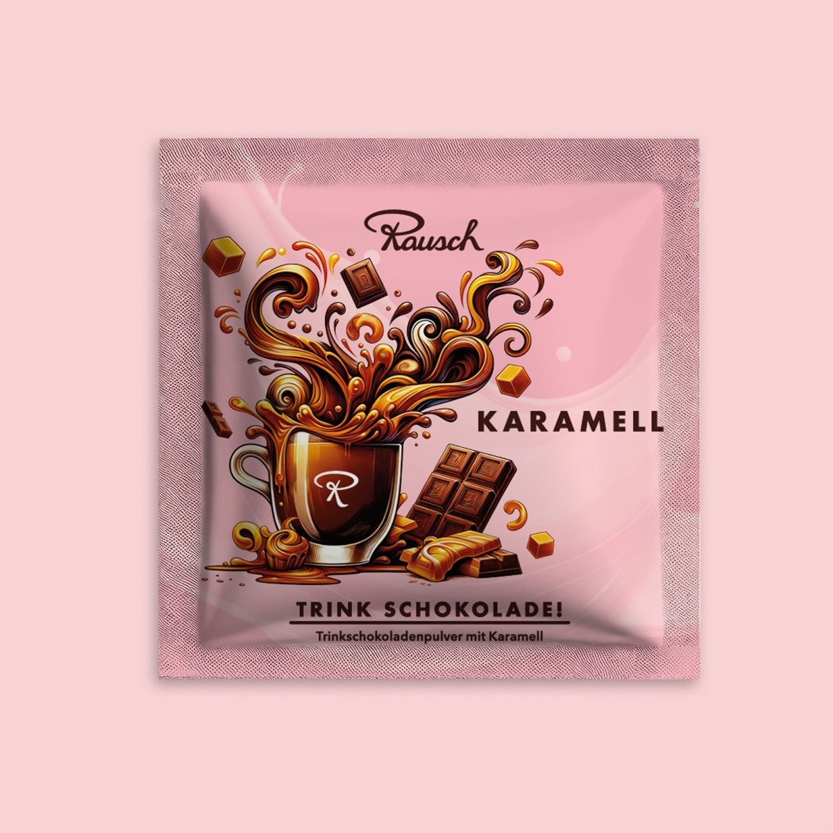 Verpackung von Rausch Trinkschokolade Karamell, rosa Hintergrund, stilisierte Tasse mit fließender Schokolade.