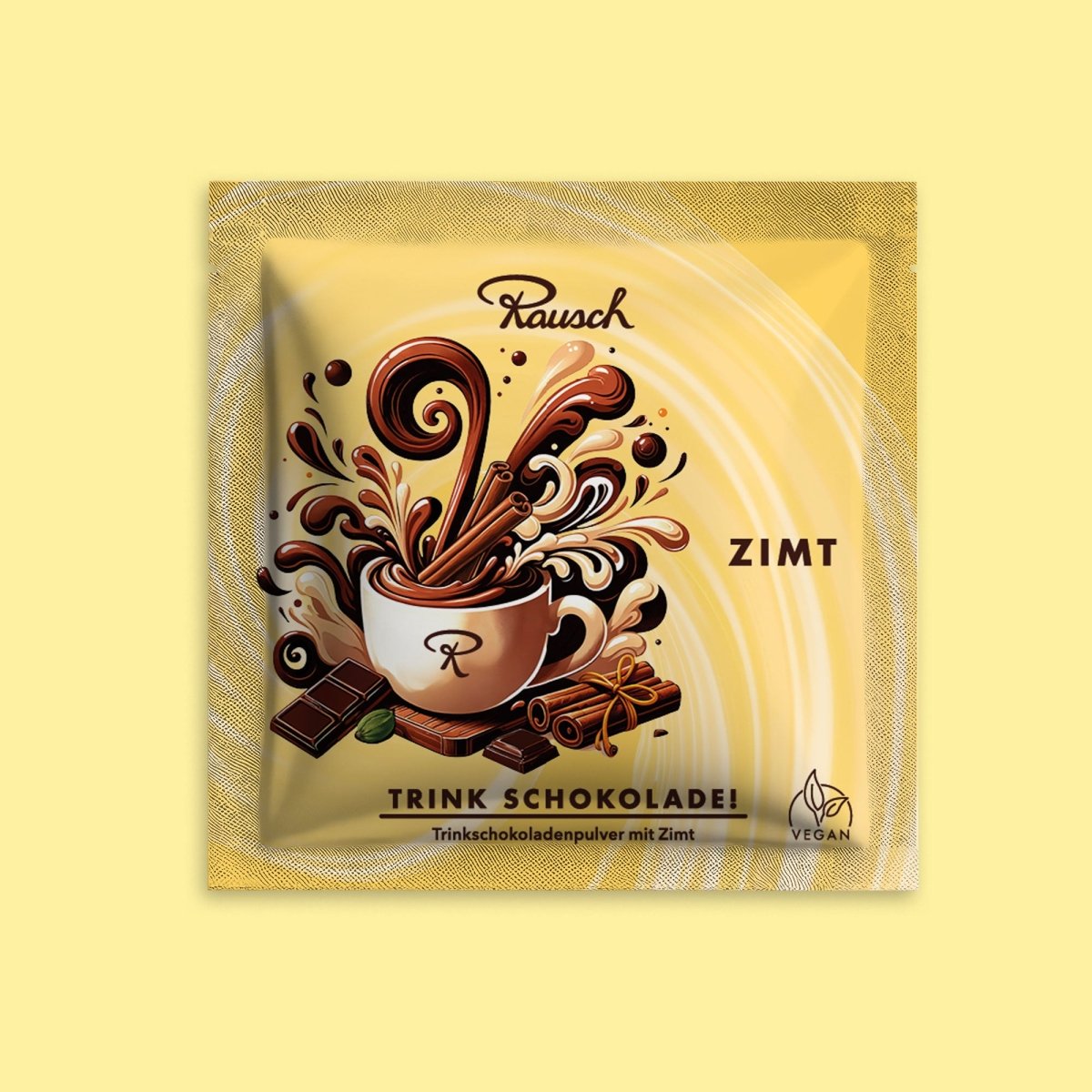 Verpackung von Rausch Trinkschokolade Zimt, vegan, mit stilisiertem Schokoladengemälde und Zimtdarstellung.