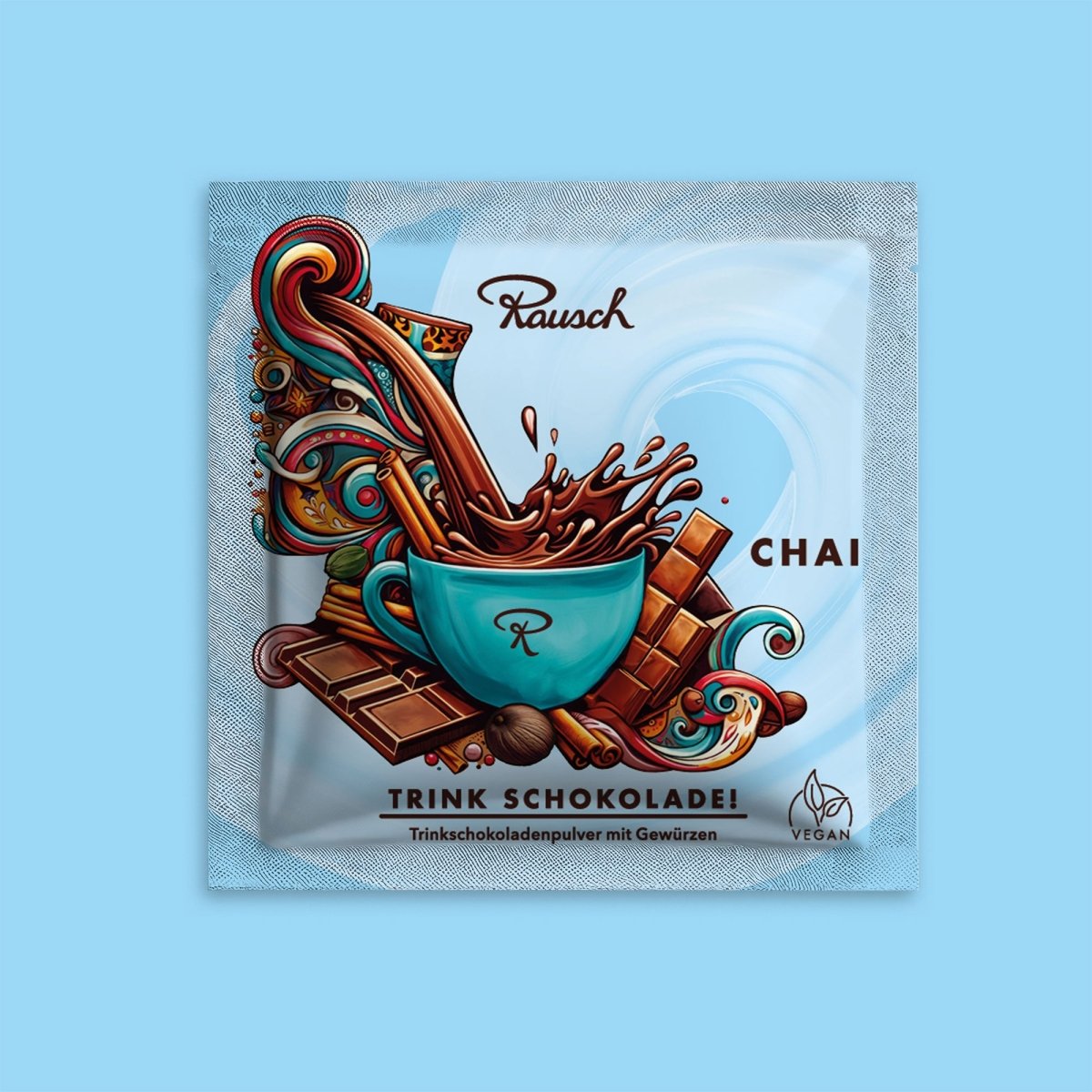 Verpackung von Rausch Trinkschokolade Chai mit illustriertem Kakao und Gewürzen.