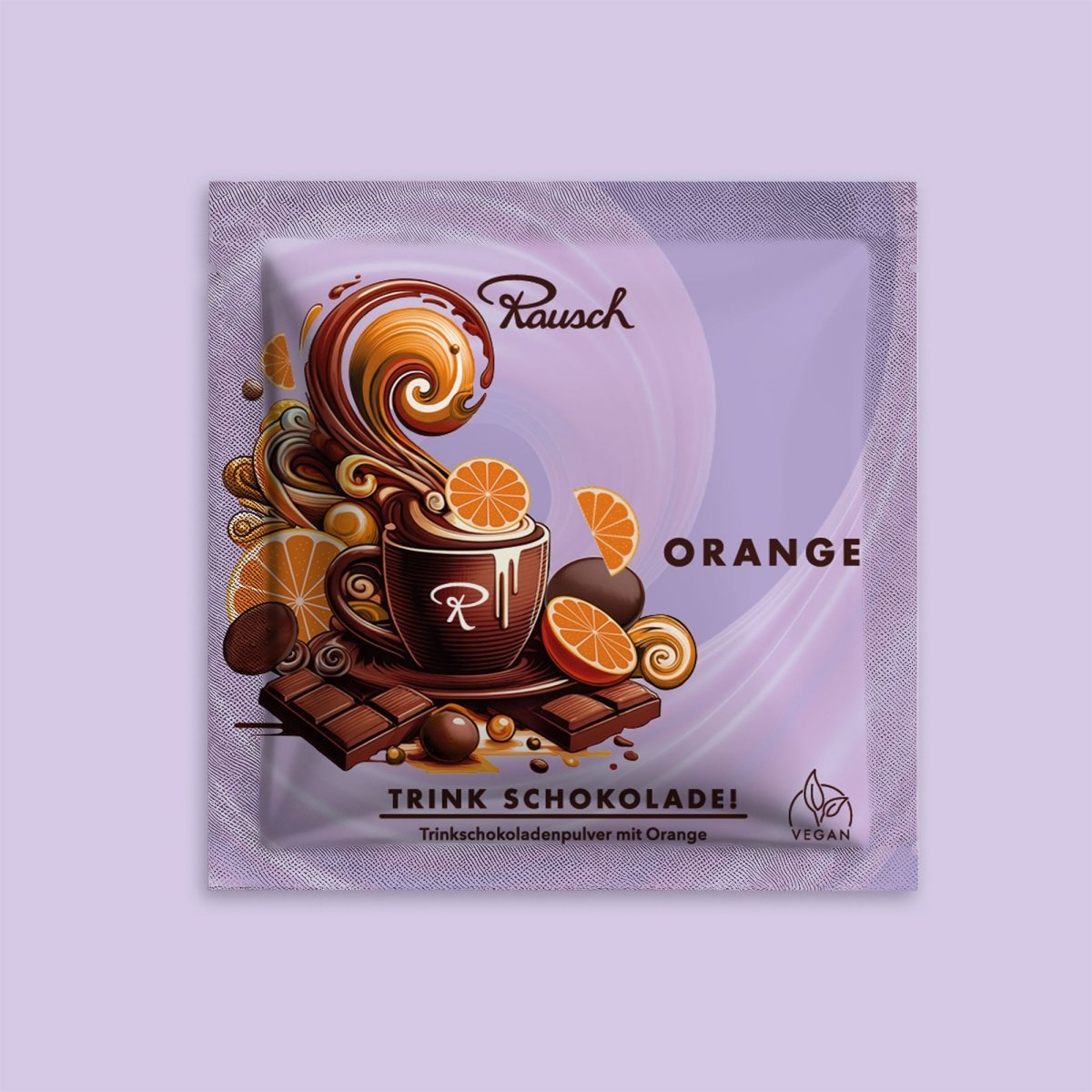 Verpackung Rausch Trinkschokolade Orange, 25g, mit Illustrationen von Schokolade und Orangen, lila Hintergrund.