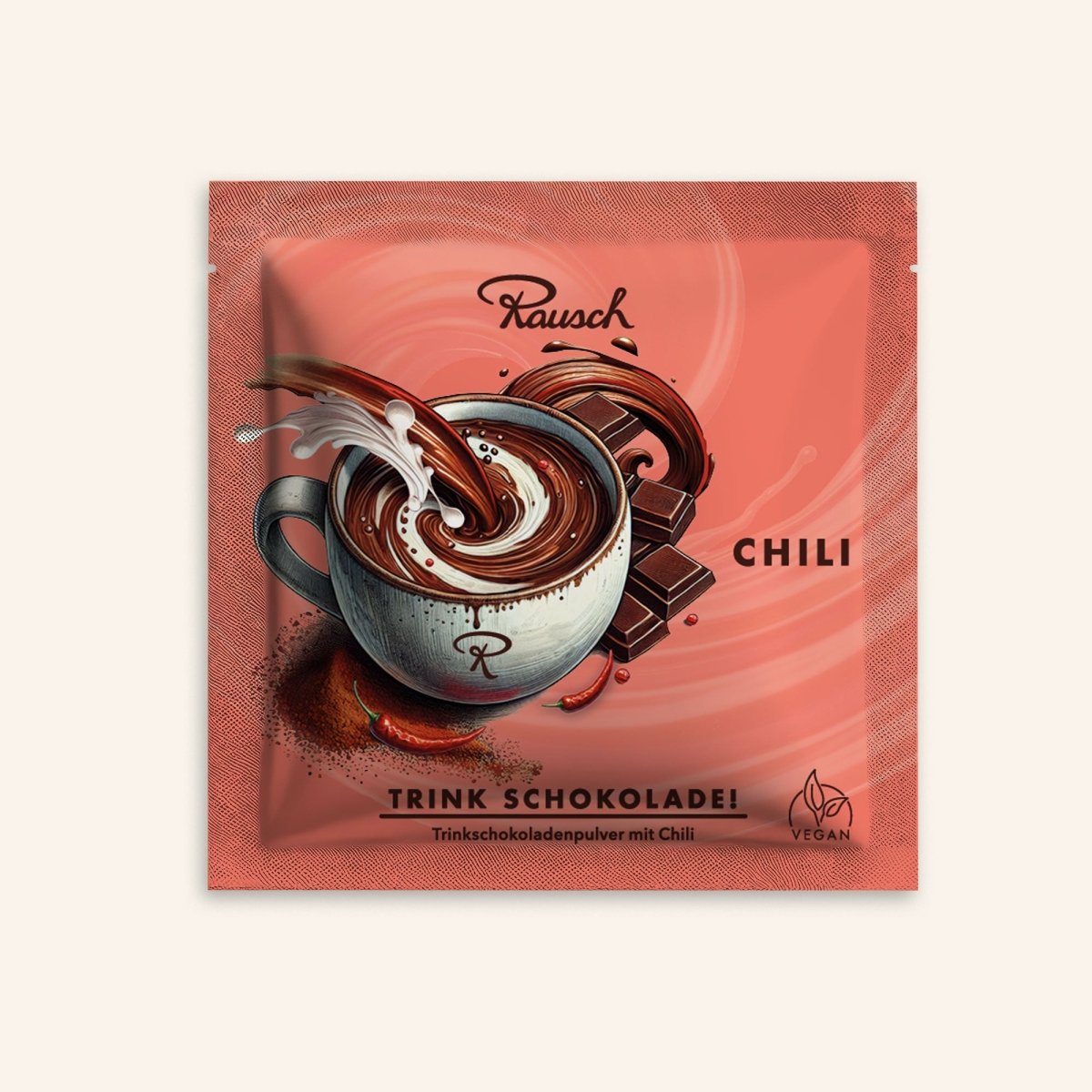 Verpackung Rausch Trinkschokolade Chili, zeigt Tasse mit Schokolade, Chili, rote Verpackung.