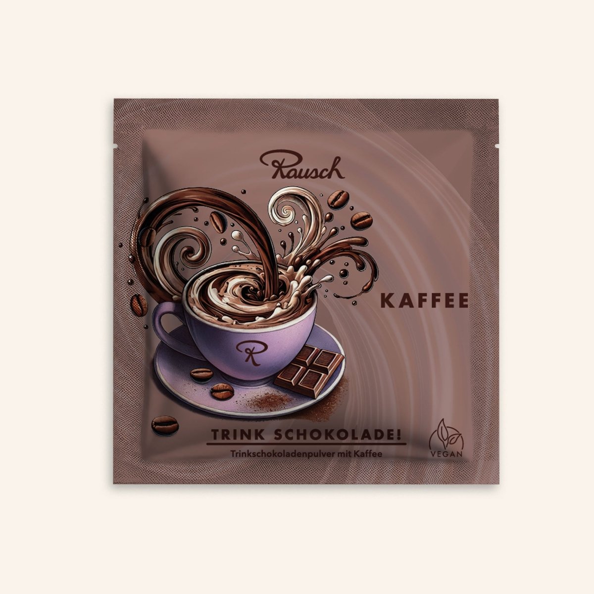 Verpackung für Rausch Trinkschokolade mit Kaffee, zeigt stilisiert spritzende Kaffeetasse, Schokostückchen.