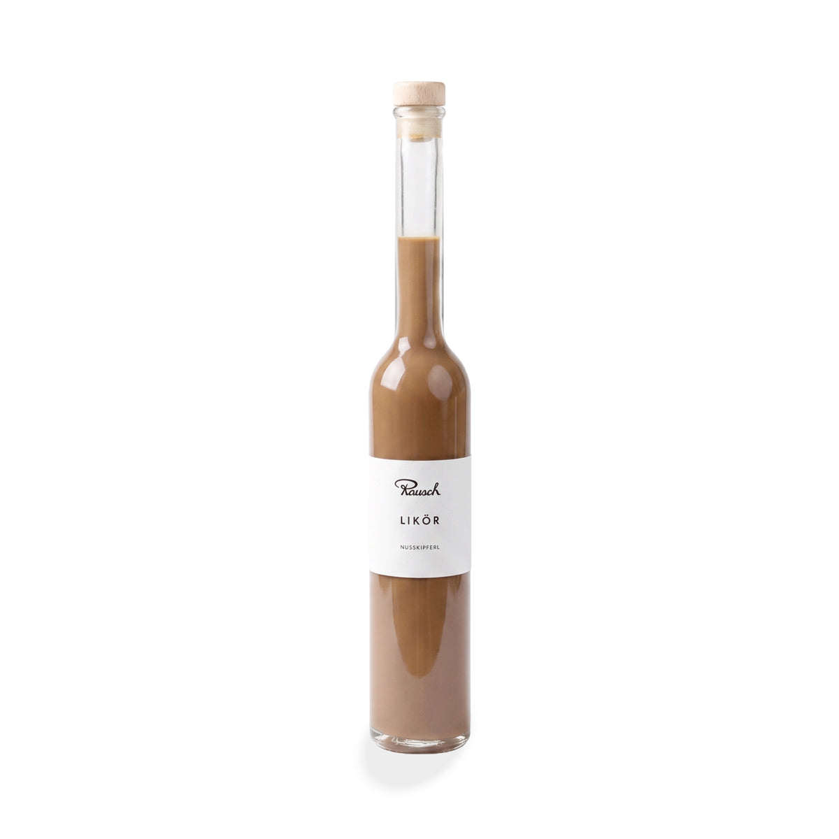 Schlanke Glasflasche mit braunem Nusskipferl-Likör, minimalistisches weißes Etikett, Naturkorken. - Rausch
