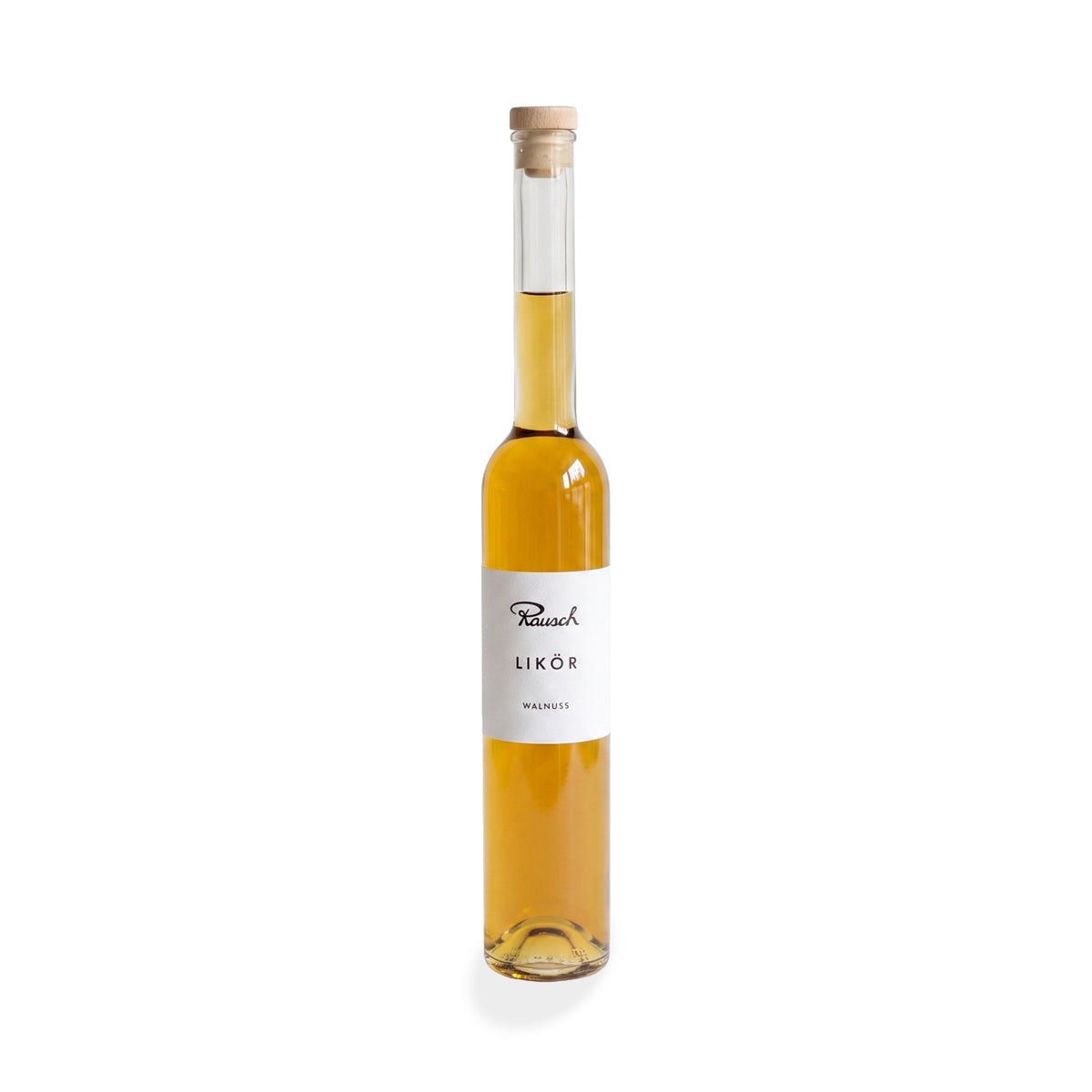 Schlanke Glasflasche mit goldenem Walnusslikör, handwerklich und klar mit weißem Etikett. - Rausch