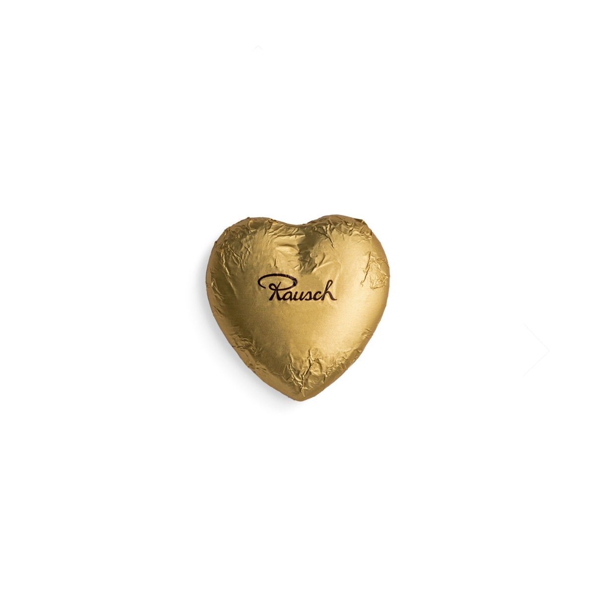 Goldenes, herzförmiges Schokoladenkonfekt mit dem Rausch-Logo in der Mitte.