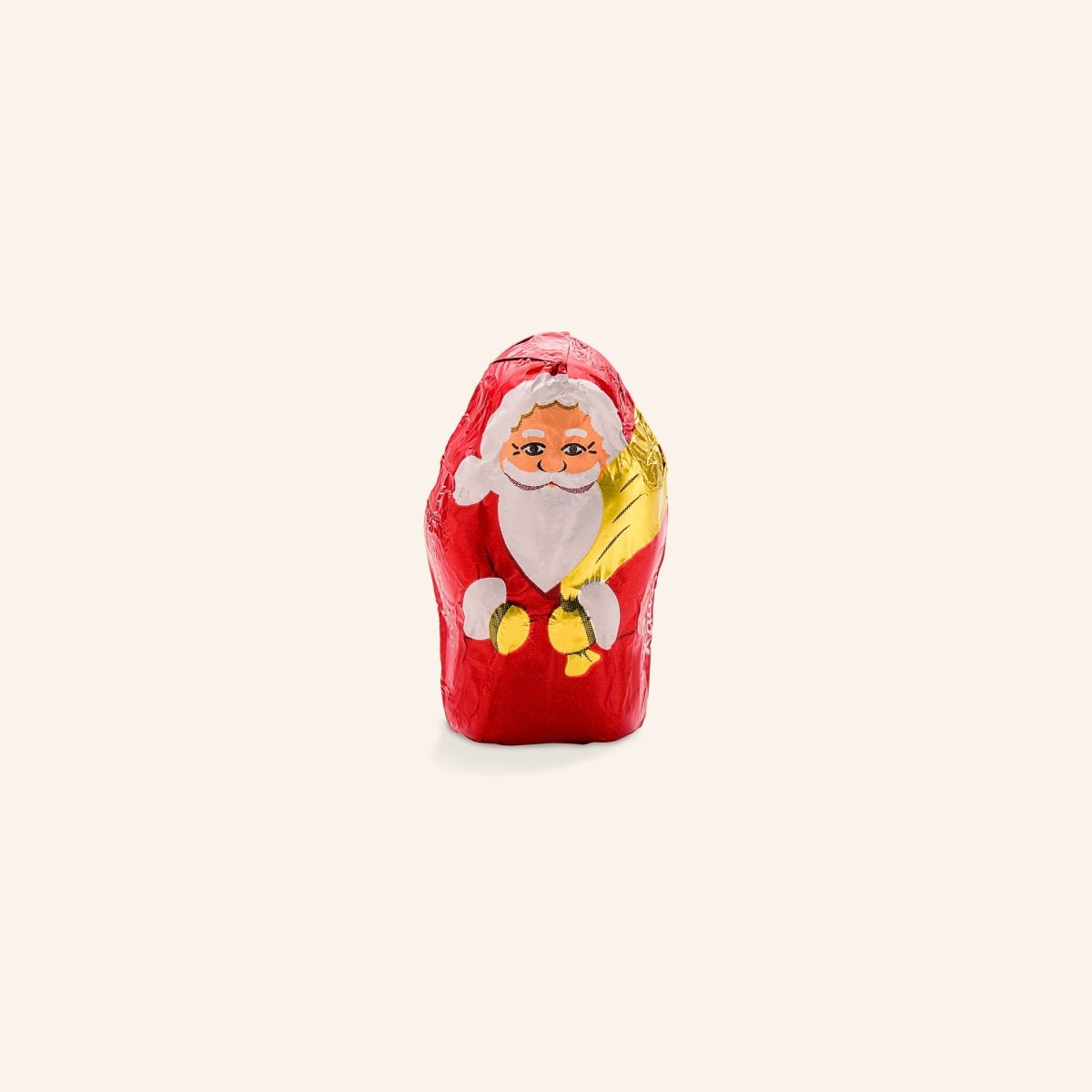 Weihnachtlicher Schokolade in Form eines Weihnachtsmanns, bunt verziert mit rotem Mantel und goldenem Sack.