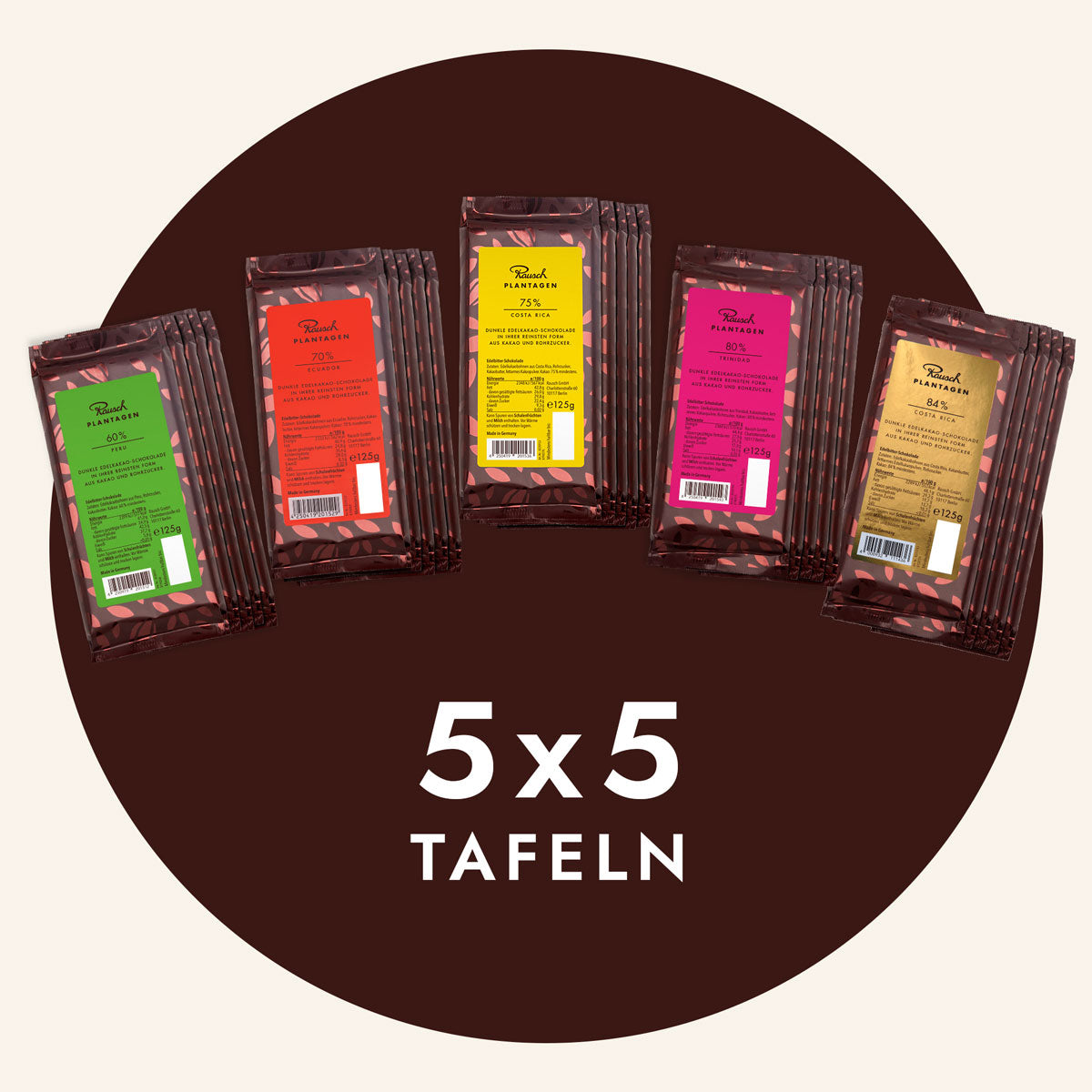 Fünf Packungen Edelbitter-Schokolade mit Kakaogehalt zwischen 60 und 80 Prozent; "5 x 5 Tafeln" darunter abgebildet.