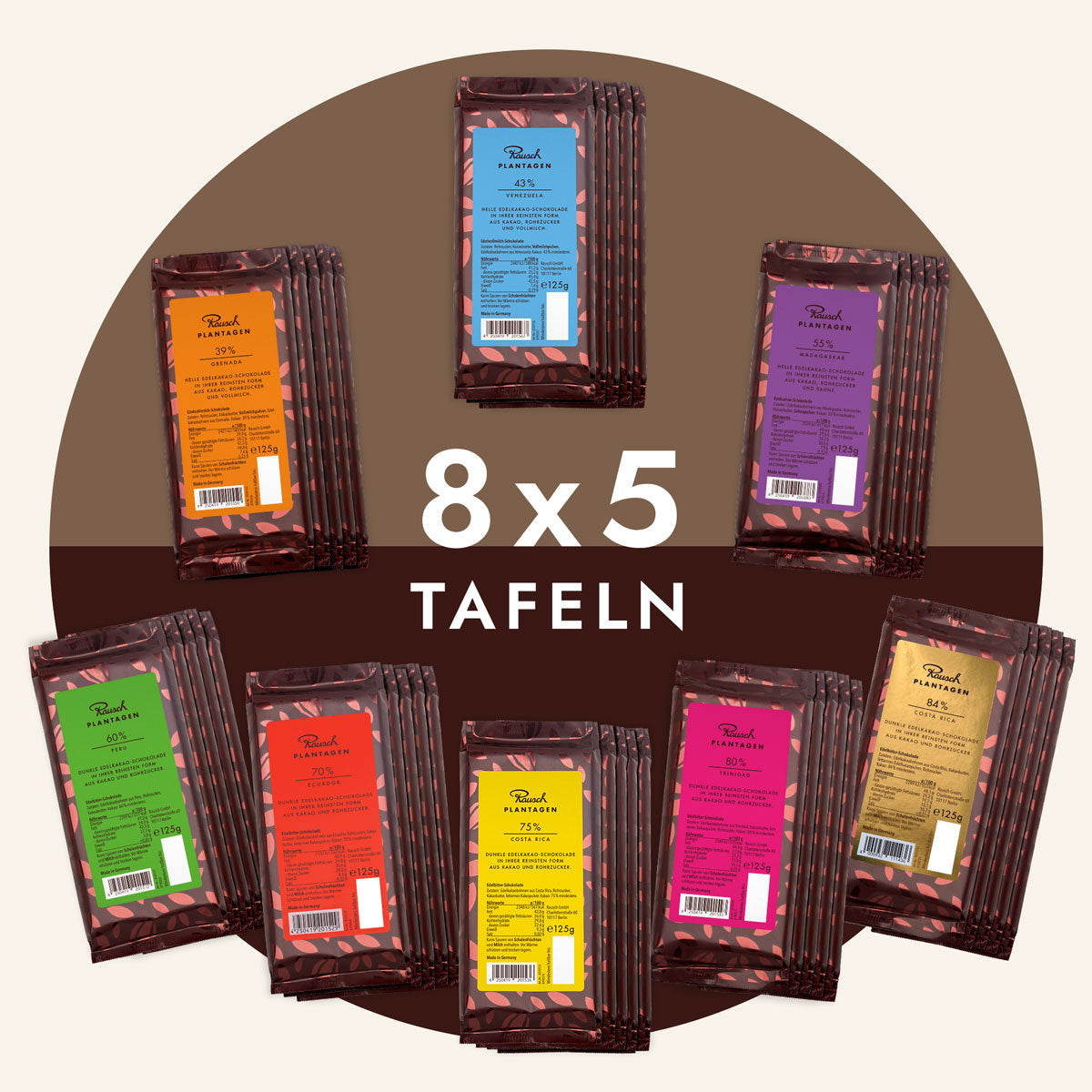 Rausch Schokoladen-Bundle mit 8 Sorten Edelbitterschokolade, jeweils 5 Tafeln, in verschiedenen bunten Verpackungen.