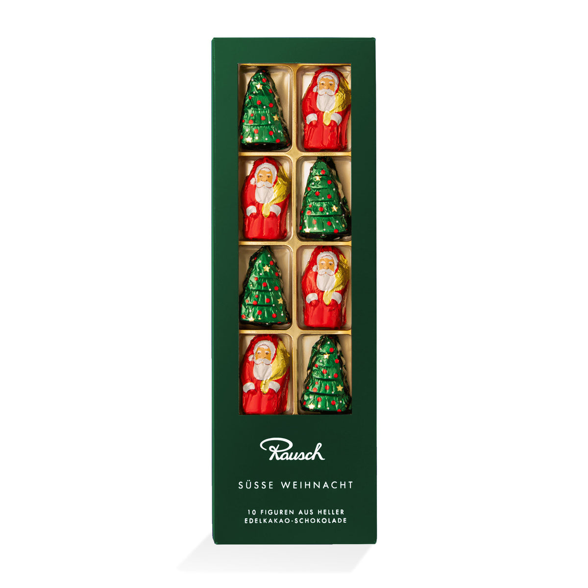 Geschenkpackung mit 10 Schokofiguren, Weihnachtsmänner und Tannenbäume, grüne Verpackung, Rausch-Logo.