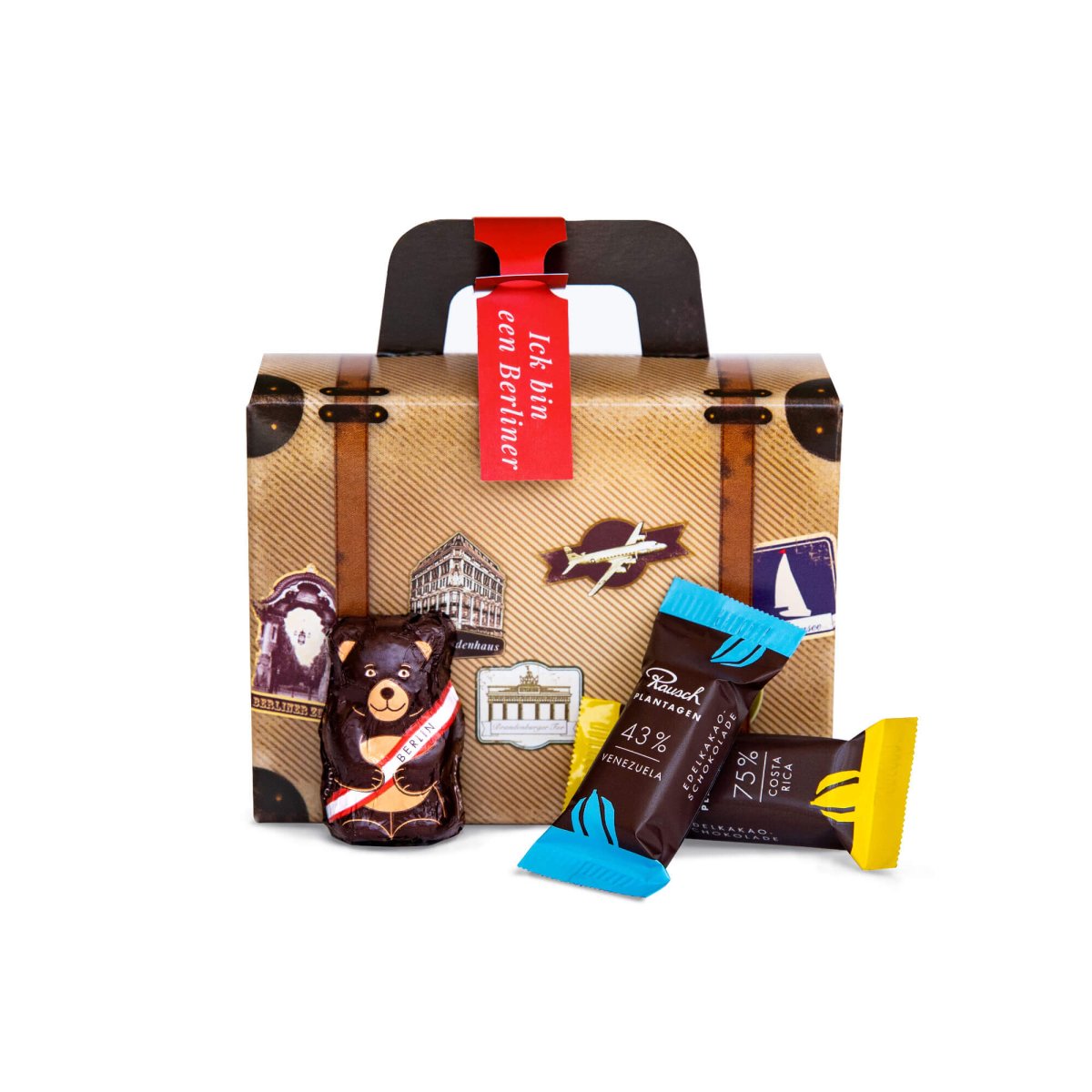 Geschenkkoffer mit Berliner Wahrzeichen, Schokoladenbär und Schokoladenriegeln von Rausch.