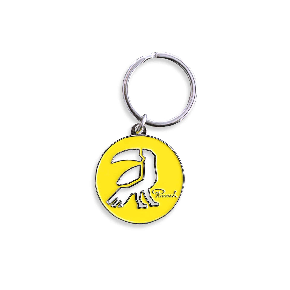 Runder gelber Schlüsselanhänger mit Tukan und Rausch-Logo.