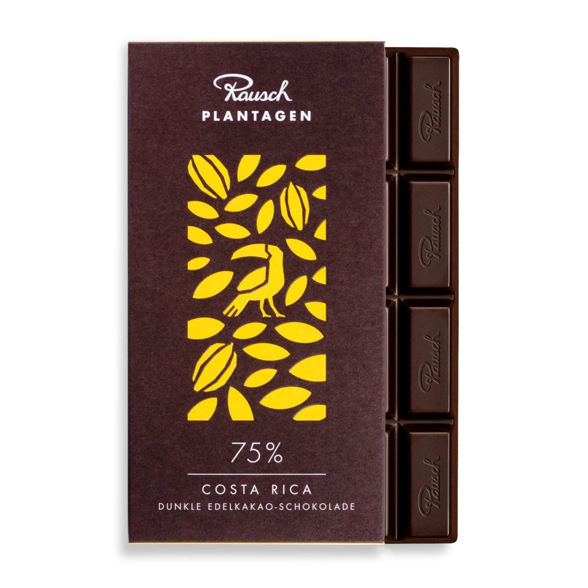 Rausch 75% Costa Rica Schokolade mit gelbem Kakaomotiv und Teilansicht der dunklen Tafelsegmente.