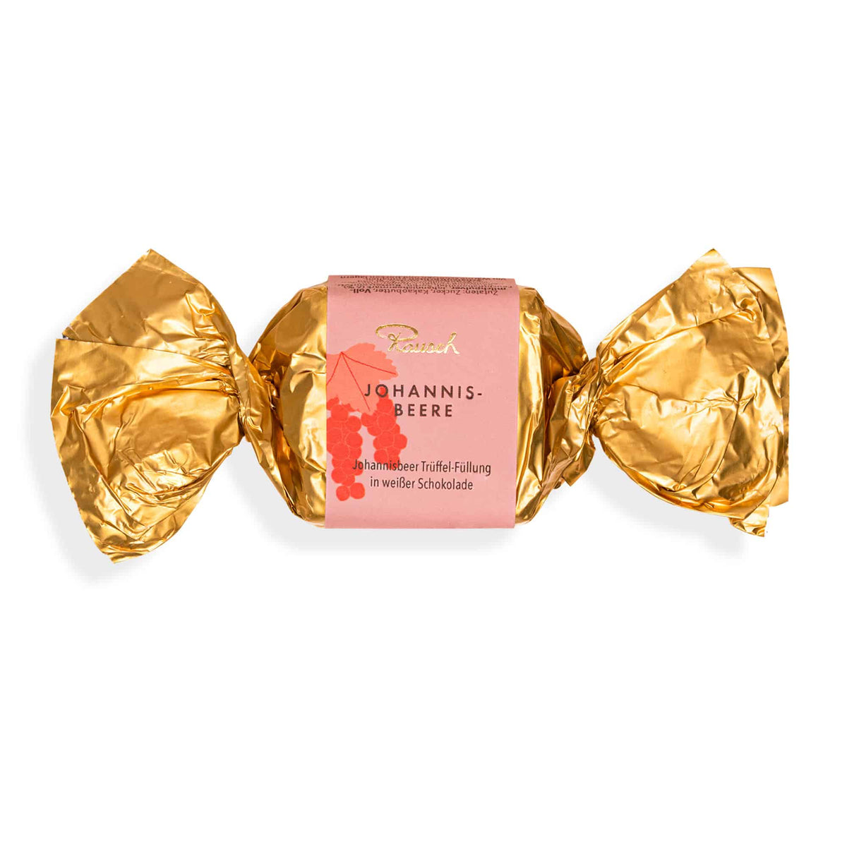 Goldene Verpackung mit Johannisbeere-Happen in weißer Schokolade, Rausch-Logo sichtbar.