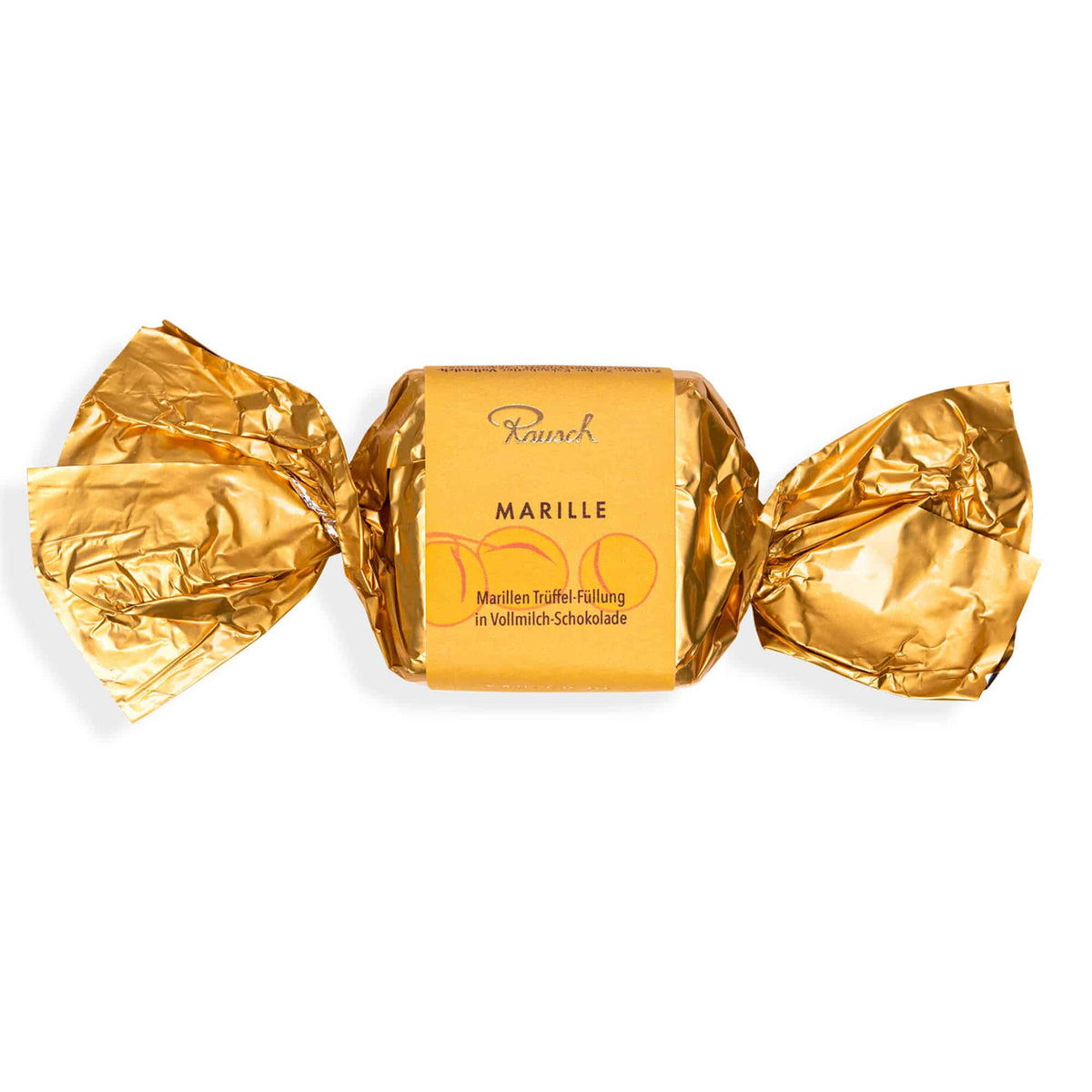 Goldene Verpackung eines Marille-Happens von Rausch mit Marillen-Trüffel-Füllung in Vollmilchschokolade.