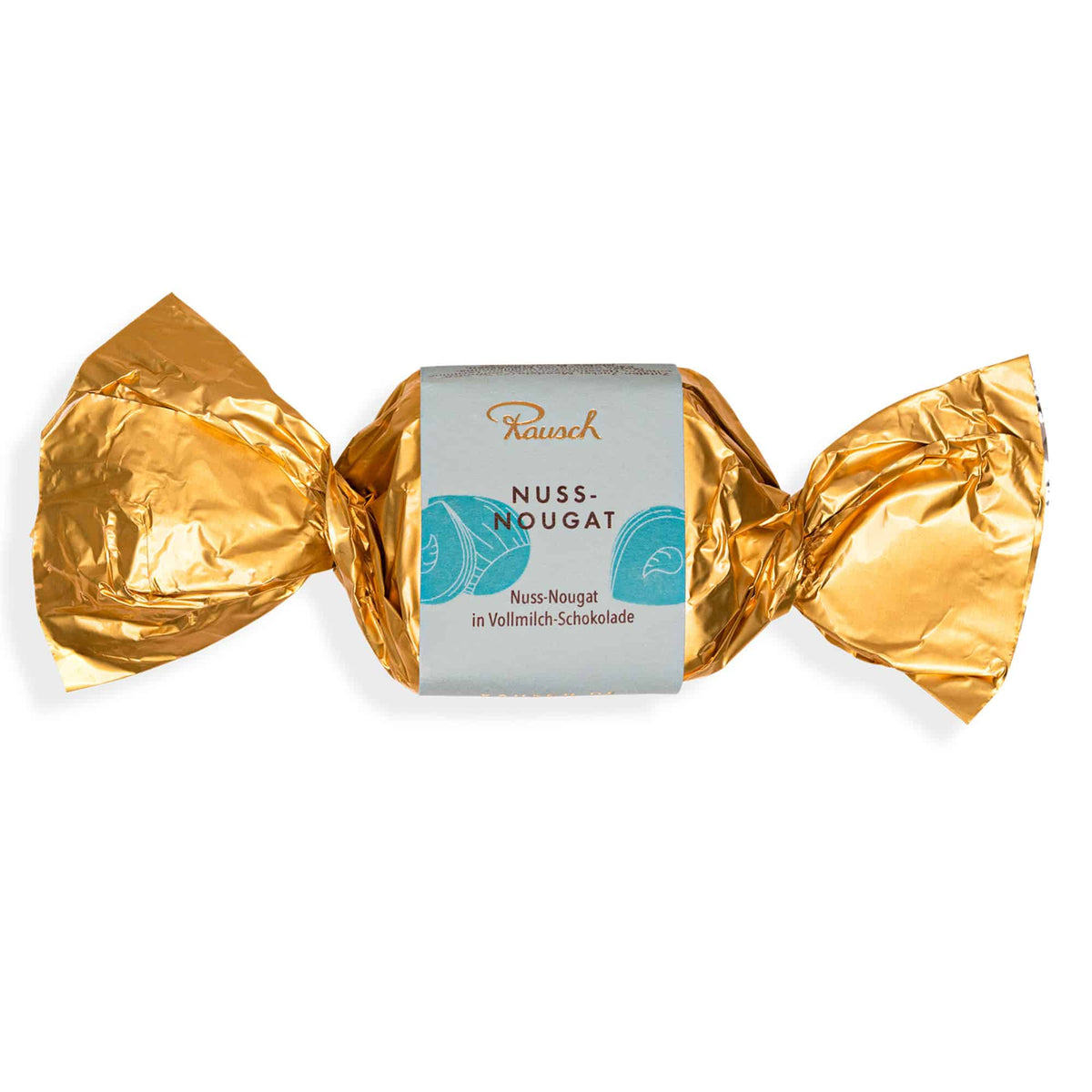 Goldener Rausch Happen mit Nuss-Nougat-Füllung, umhüllt von Vollmilchschokolade.