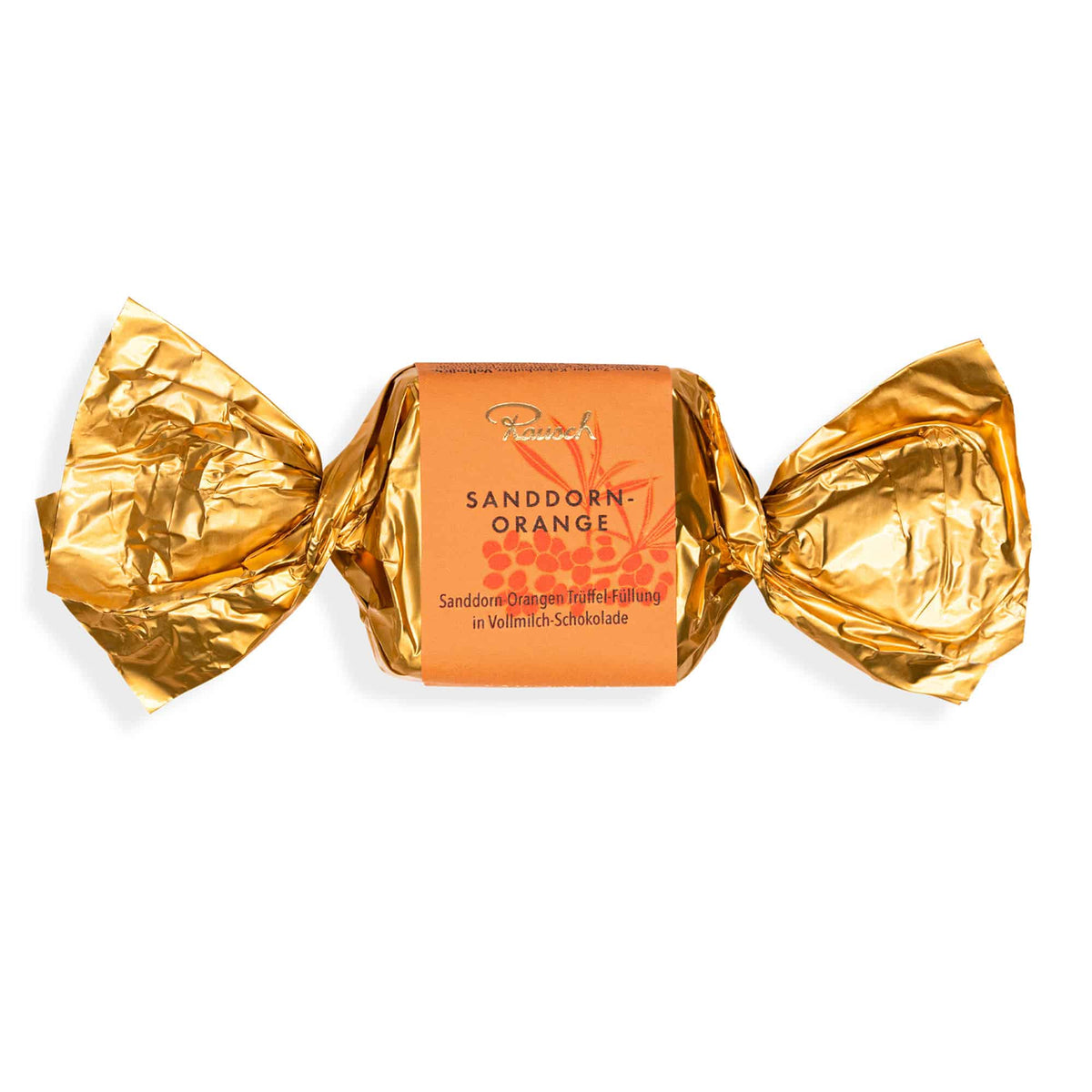 Sanddorn-Orange Happen in goldener Verpackung, Vollmilchschokolade mit Sanddorn-Orange Füllung.