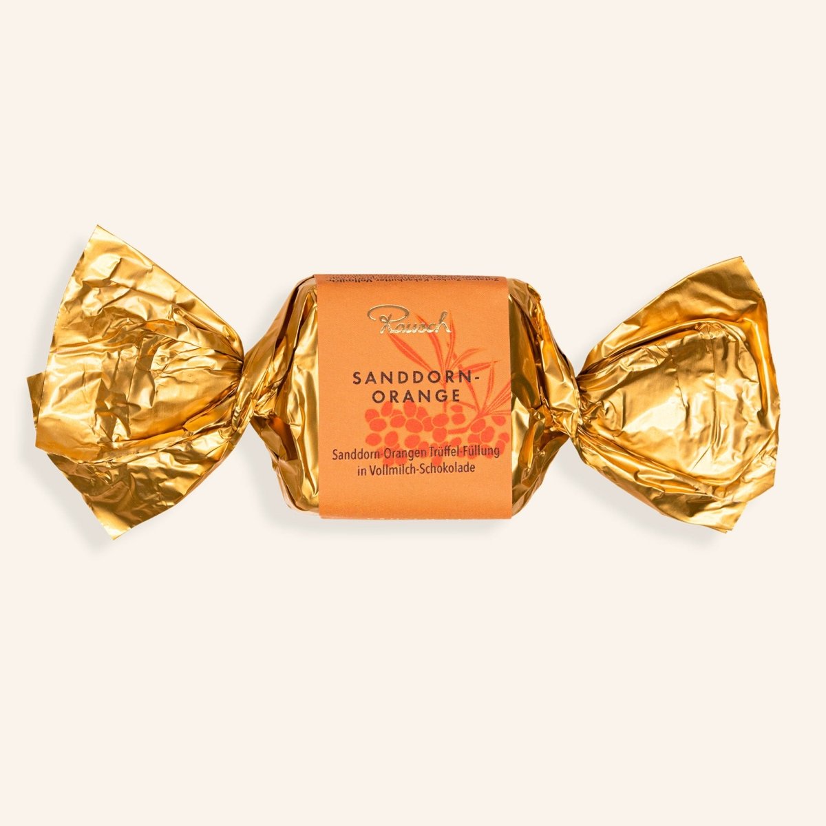 Sanddorn-Orange Schokoladenhappen in goldener Folie, Vollmilch-Schokolade mit fruchtiger Füllung.