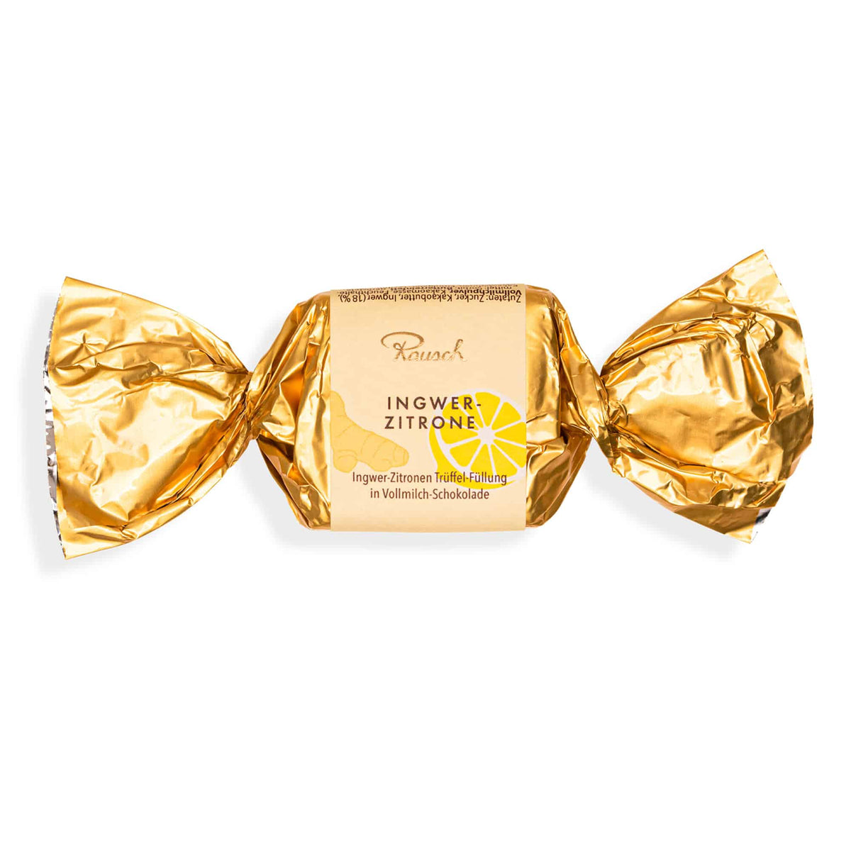 Goldverpacktes Ingwer-Zitronen-Schokoladenkonfekt von Rausch.