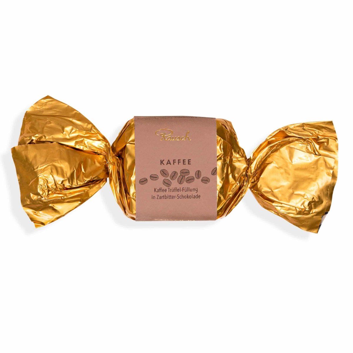 Goldene Folie umhüllt Schokoladenhappen mit Kaffee-Trüffel-Füllung von Rausch.