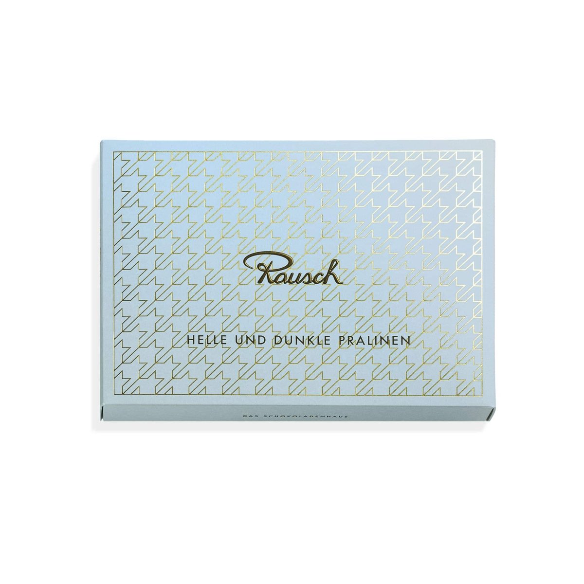 Elegante Schachtel "Helle und Dunkle Pralinen" von Rausch mit stilvollem Muster und goldener Schrift.