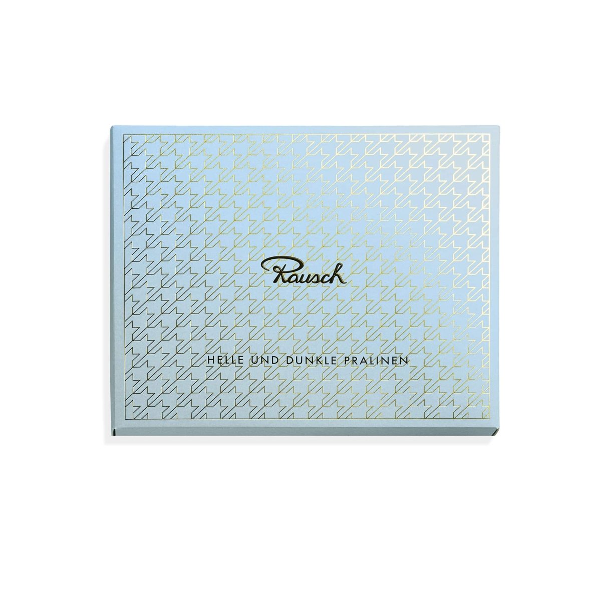 Elegante Pralinenverpackung von Rausch mit silbernem Muster und Schriftzug "Helle und dunkle Pralinen".