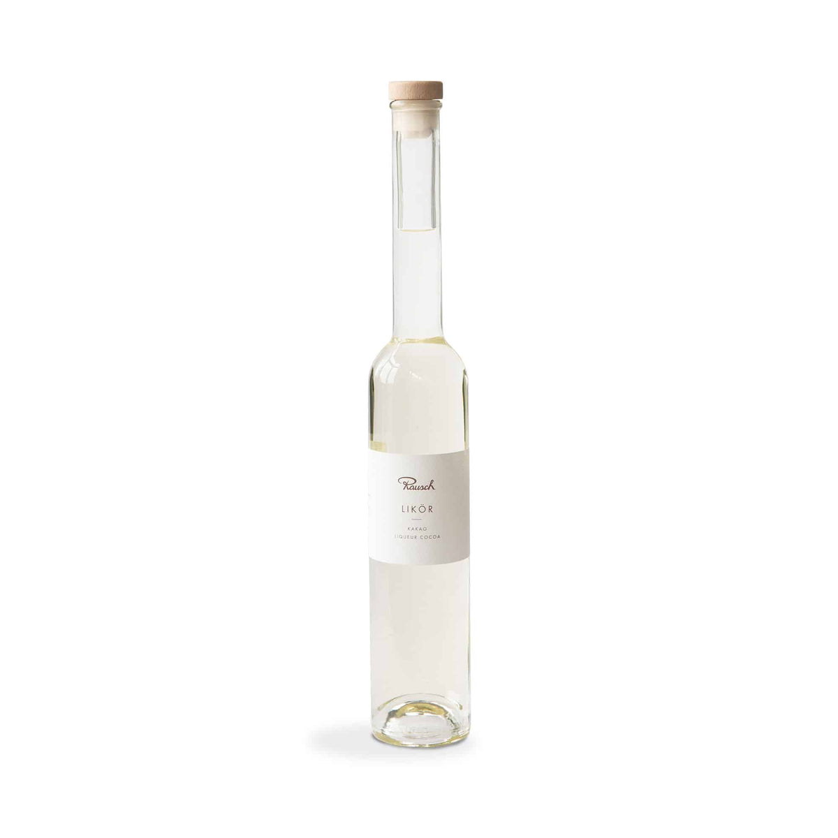 Elegante Flasche Rausch Kakao-Likör mit weißem Etikett auf weißem Hintergrund.