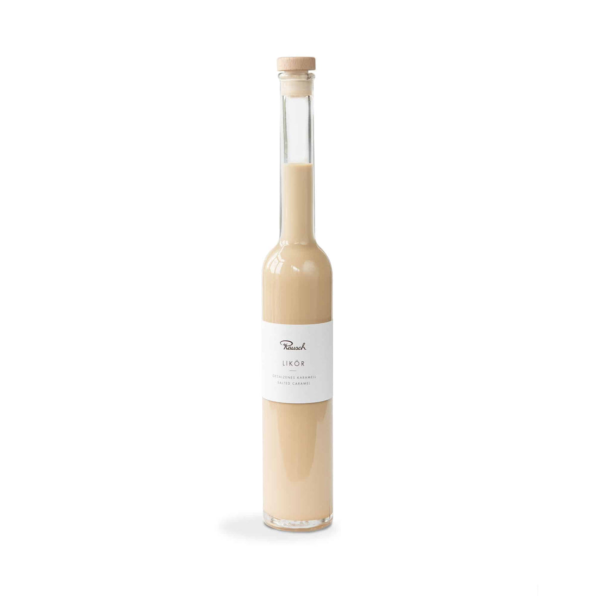 Elegante Flasche mit cremefarbenem Karamell-Likör von Rausch, minimalistisches Design, modernes Etikett.