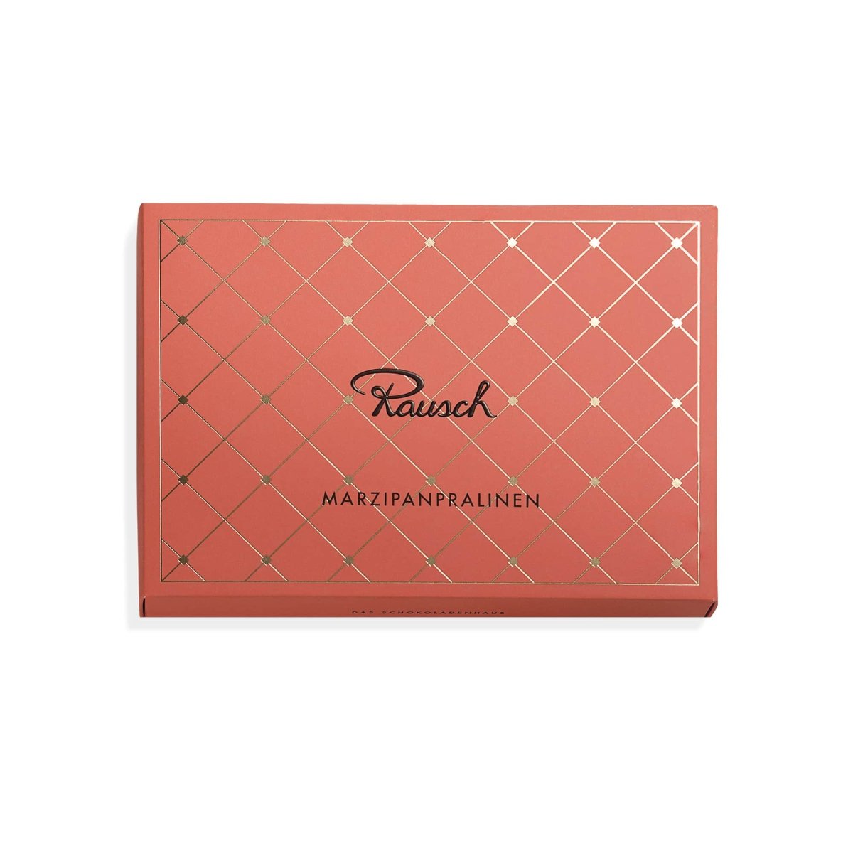 Elegante rosa Schachtel mit goldenen Rauten, "Rausch"-Logo und Aufschrift "Marzipanpralinen".