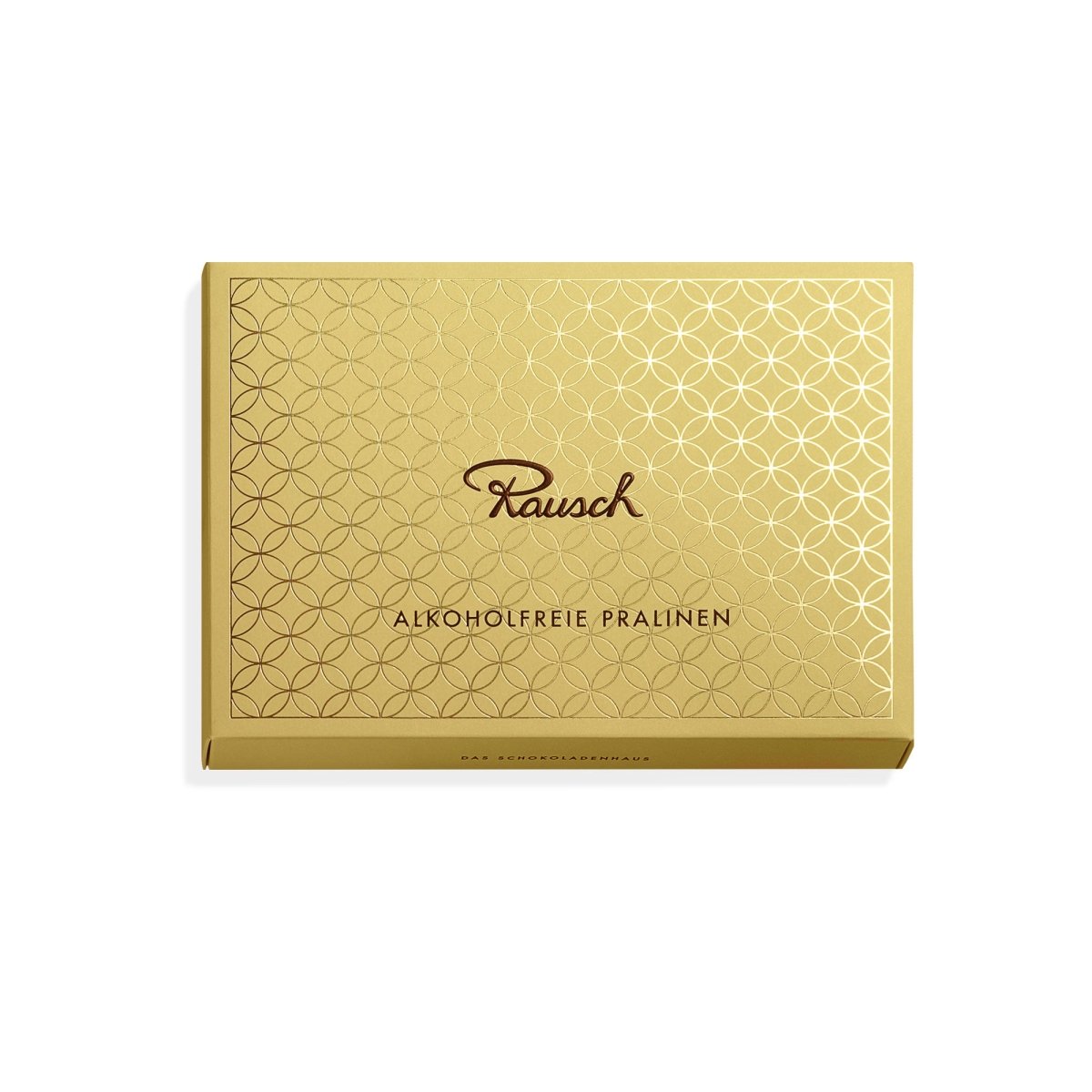 Gelbe Rausch-Schachtel mit der Aufschrift "Alkoholfreie Pralinen".