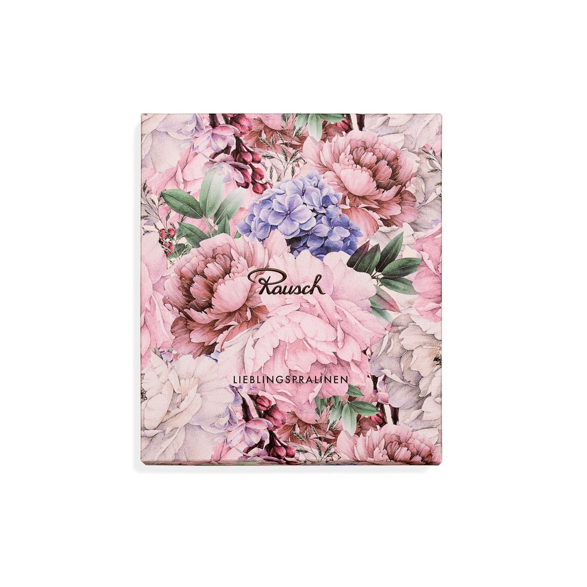 Stilvolle Box mit Blumenmotiv, enthält 20 exquisite Lieblingspralinen von Rausch.