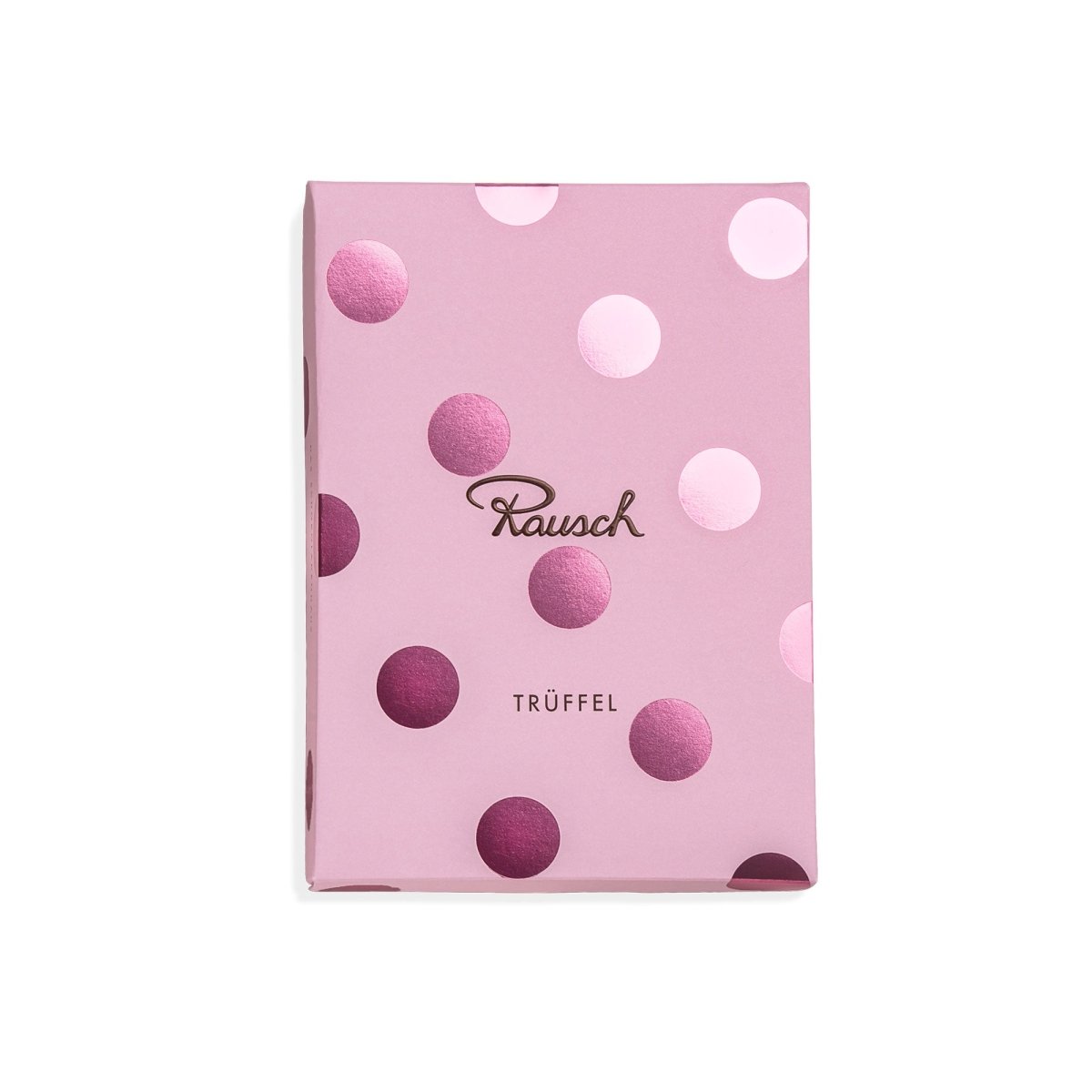 Rosa Box mit dem Schriftzug Rausch, dekoriert mit rosa und lila Punkten, enthält 12 Trüffel.