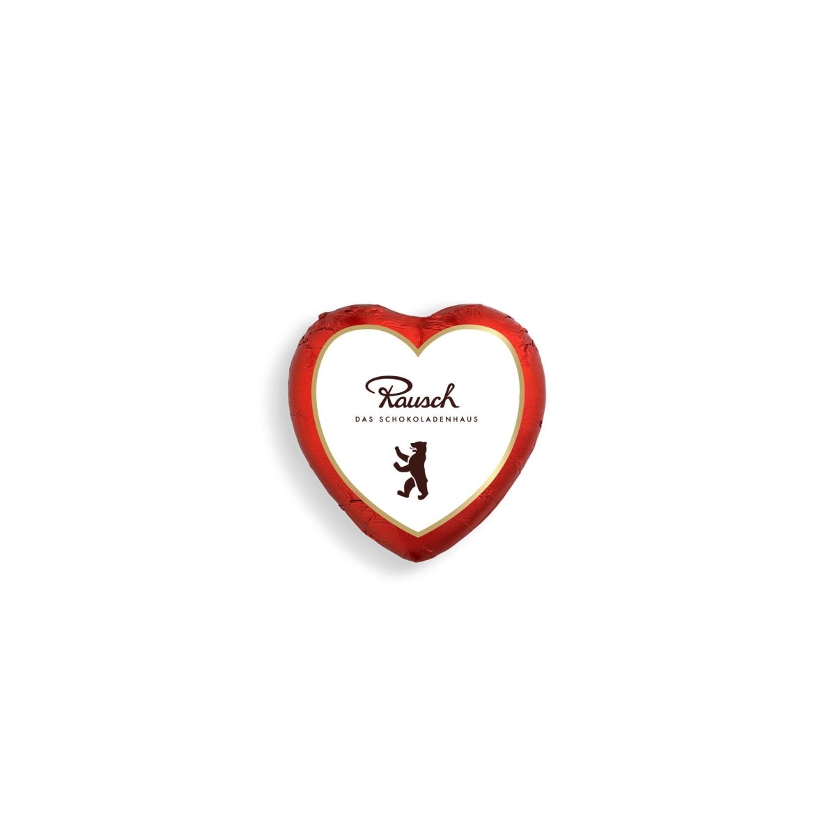 Herzförmige Rausch-Praline mit Logo und Silhouette eines Kindes, auf weißem Hintergrund.