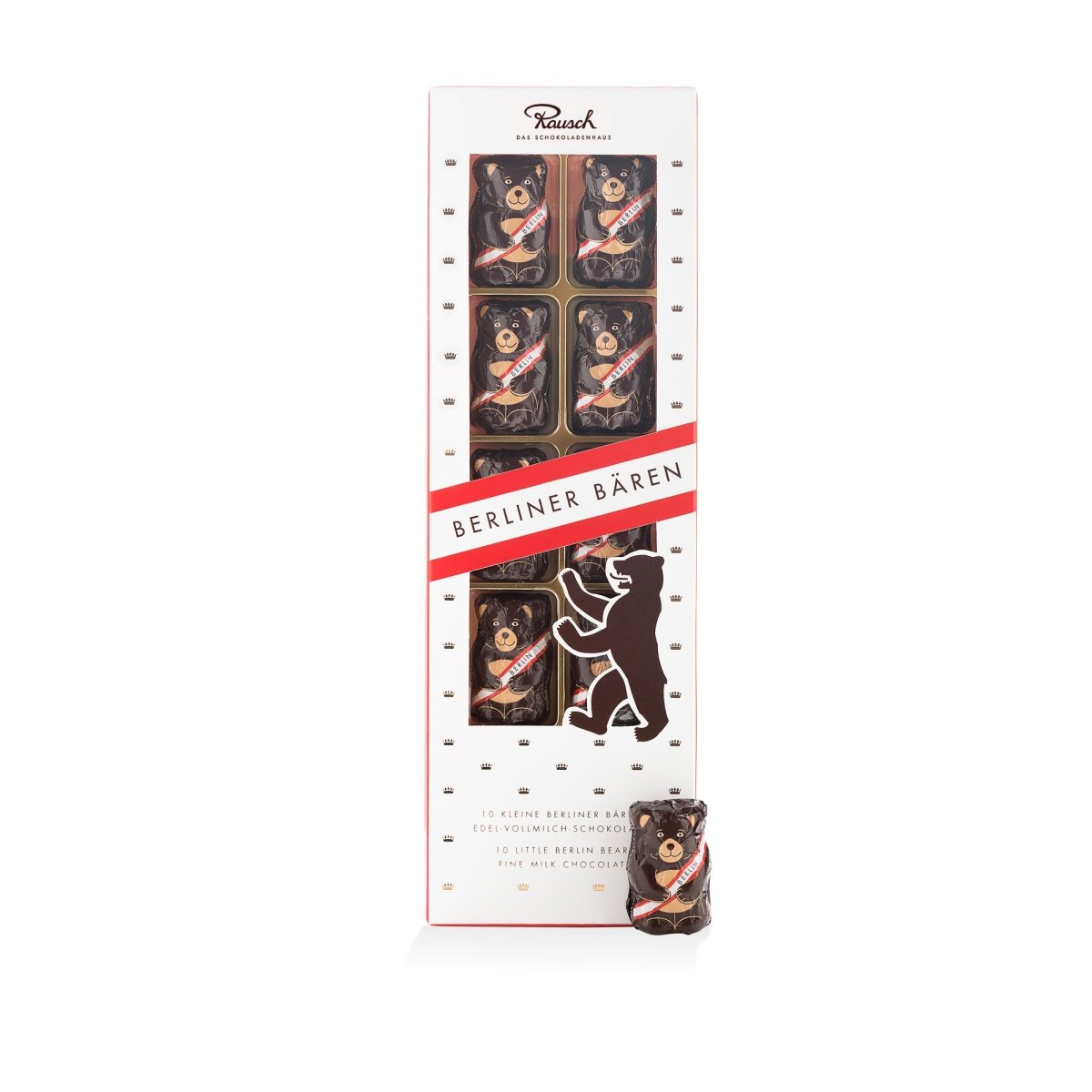 Packung mit 10 Schokoladenfiguren in Bärenform von Rausch, verziert mit rotem Berliner Bären-Logo.