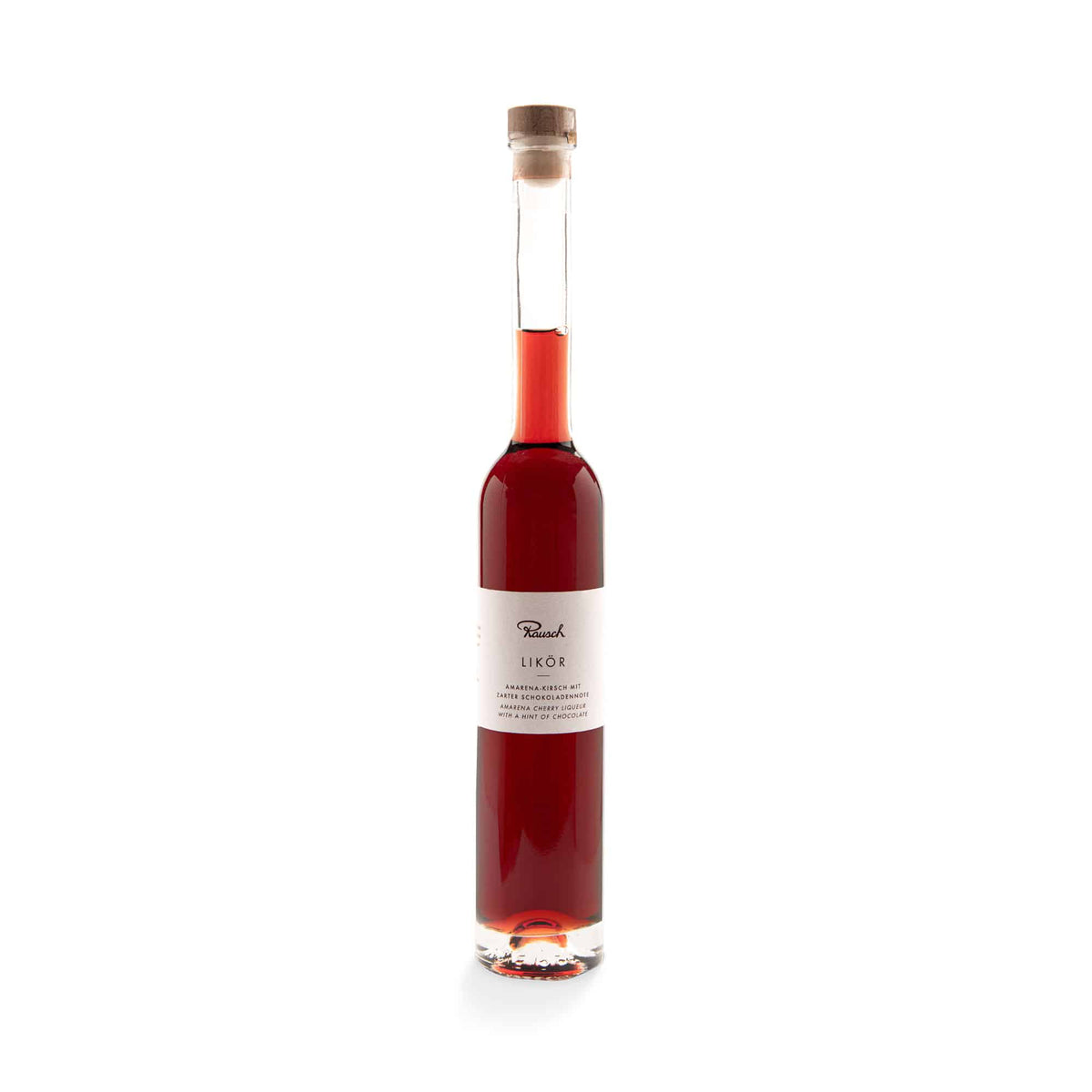Flasche Rausch Likör mit Amarena-Kirsch-Geschmack, roter Inhalt auf weißem Hintergrund.