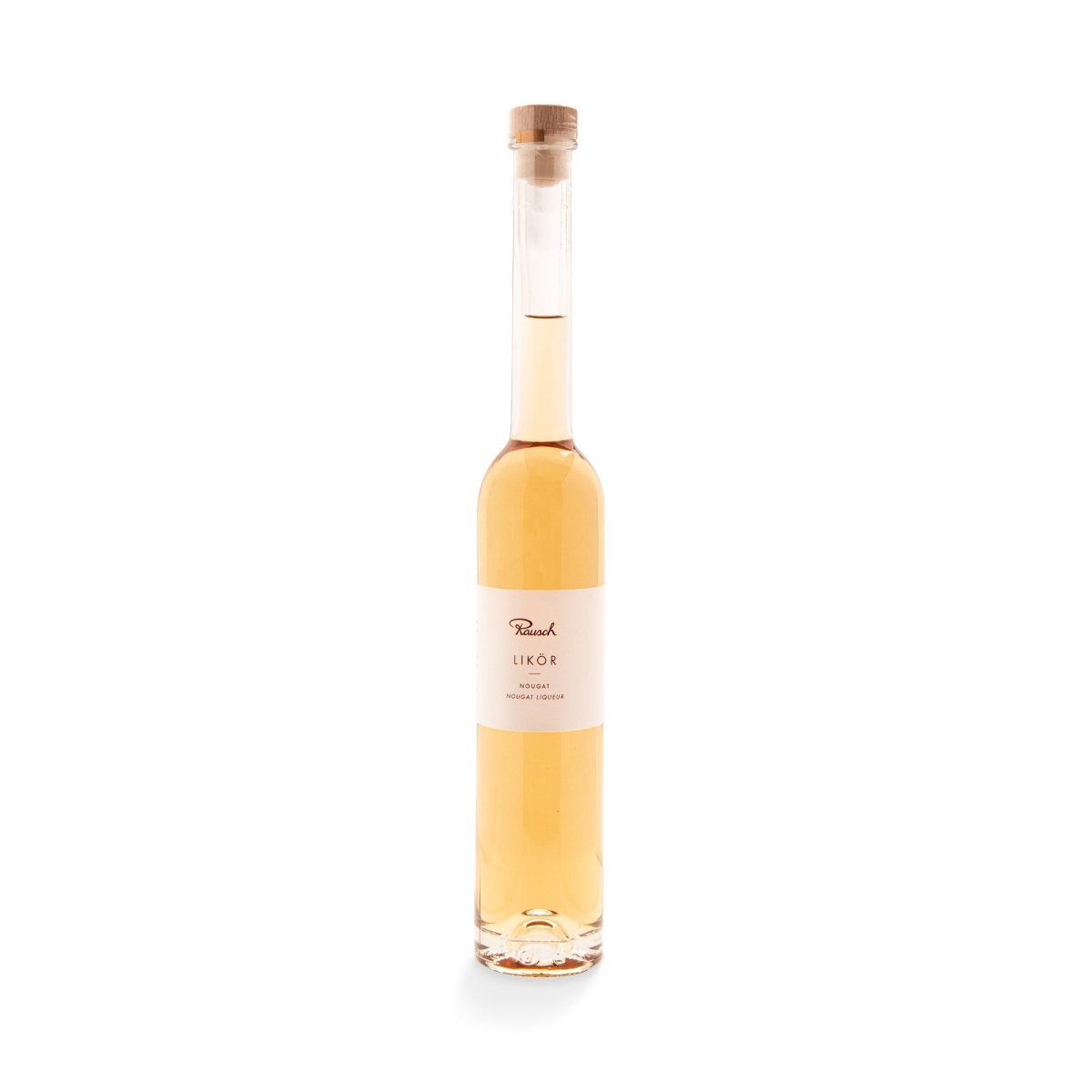 Flasche Rausch Likör mit Nougatgeschmack, elegant und hoch, mit Korken.