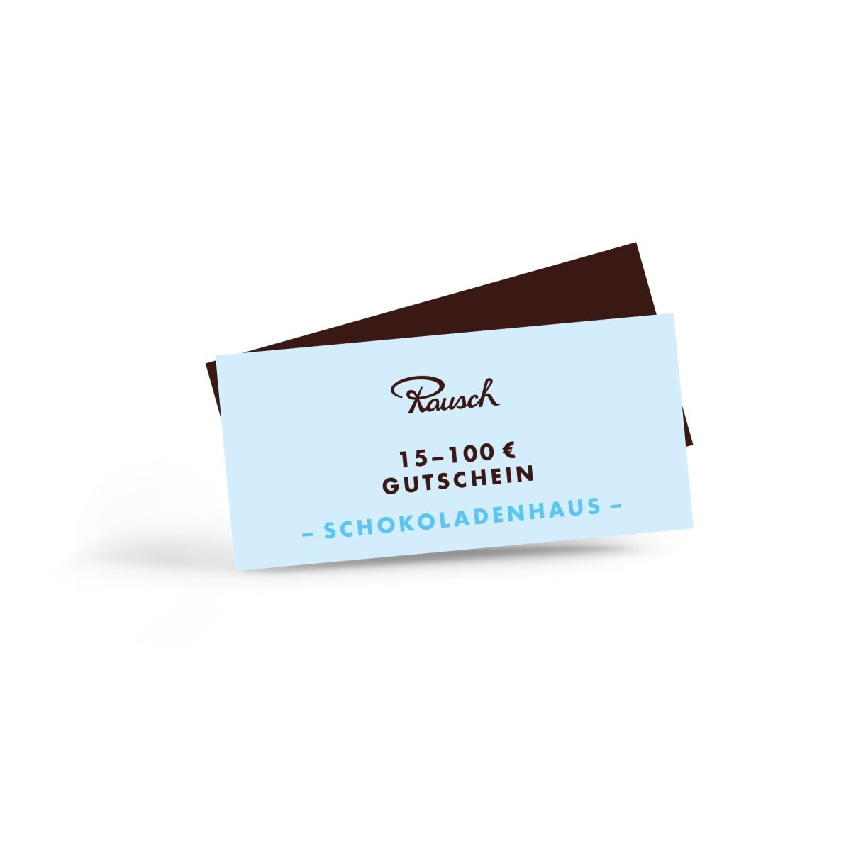 Rausch Schokoladenhaus Gutschein im Wert von 15-100 €, grafisch dargestellt auf einem braun-hellblauen Hintergrund.