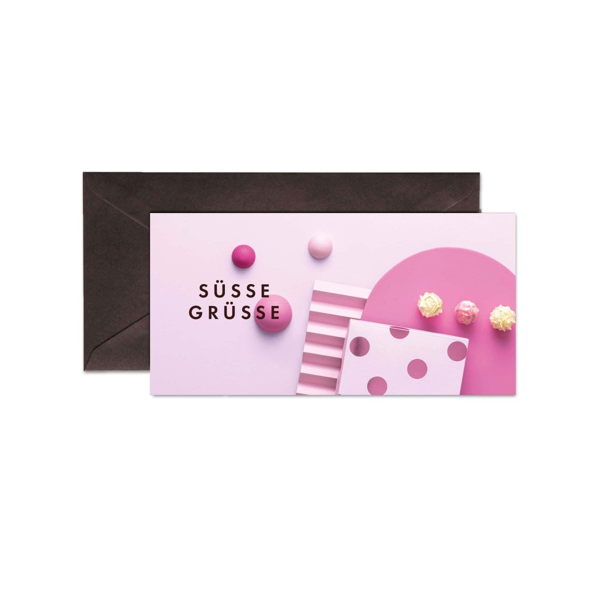 Geschenkkarte "Süße Grüße" mit rosa Umschlägen und Pralinen, elegant gestaltet auf weißem Hintergrund.
