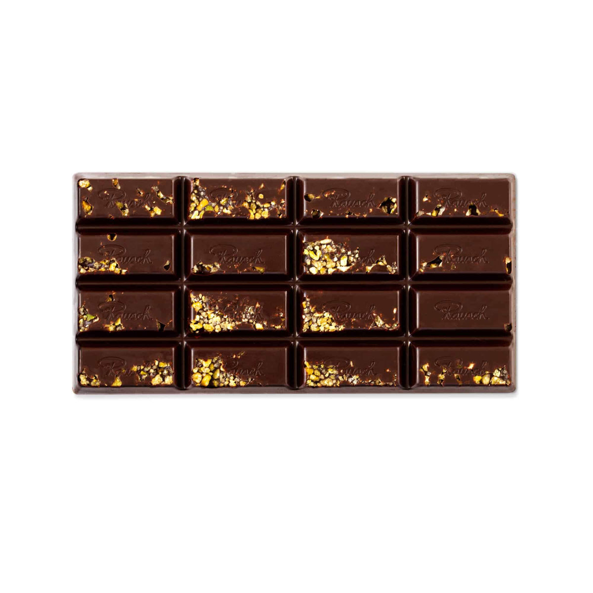 Edle Schokoladentafel mit Pistazienstückchen und glänzendem Finish auf weißem Hintergrund.