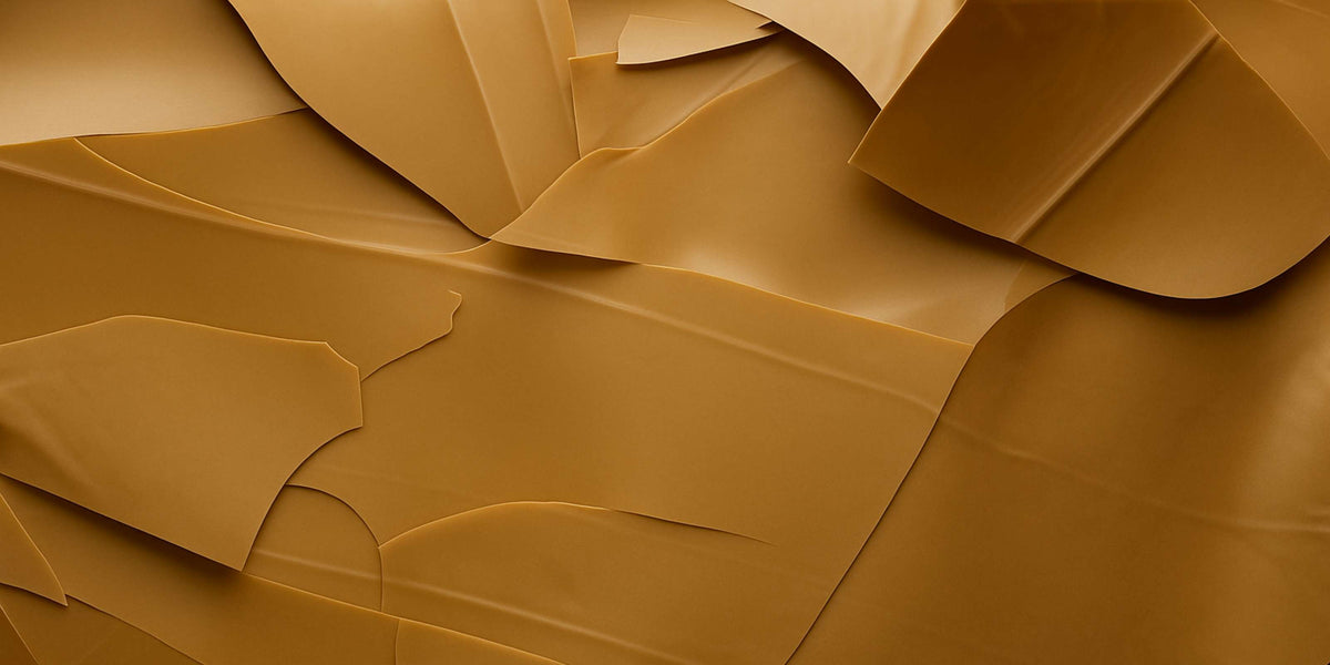 Nahaufnahme von übereinanderliegenden Schichten aus goldener Schokolade, abstrakte Darstellung.