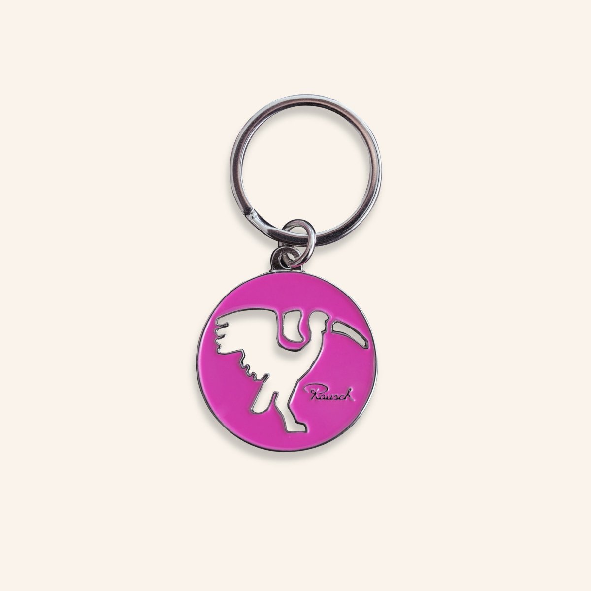 Schlüsselanhänger in pink und Ibis, Markenzeichen von Rausch, auf hellem Hintergrund.