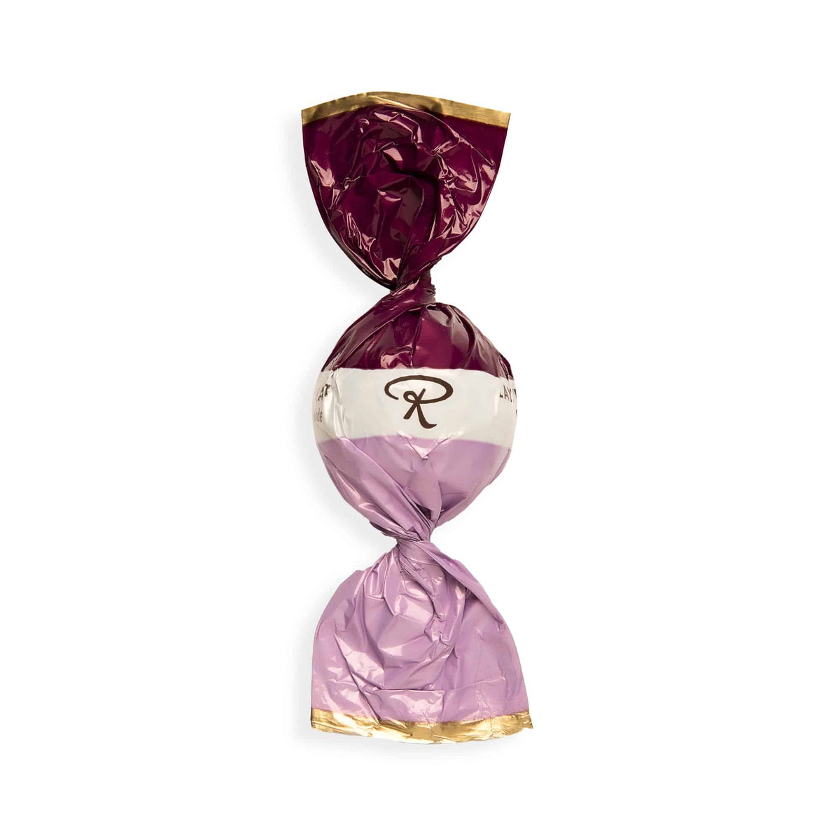 Lila verpackte Pralinenkugel von Rausch, elegant verschnürt mit goldenen Akzenten.