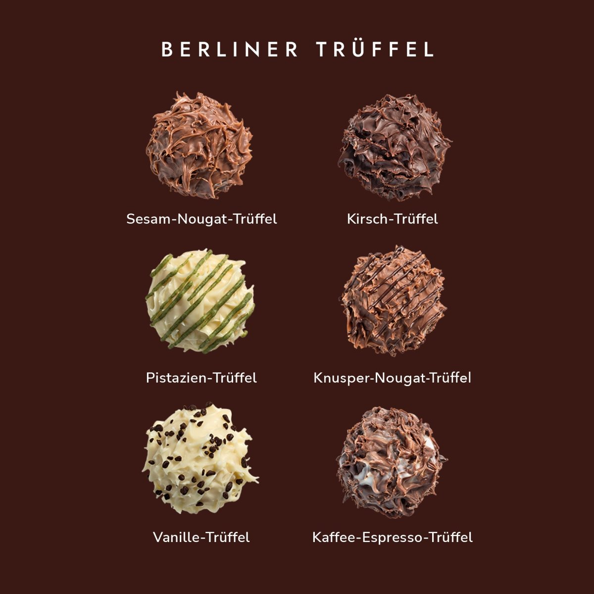 Verschiedene Berliner Trüffel: Sesam-Nougat, Kirsch, Pistazien, Knusper-Nougat, Vanille, Kaffee-Espresso auf braunem Hintergrund.