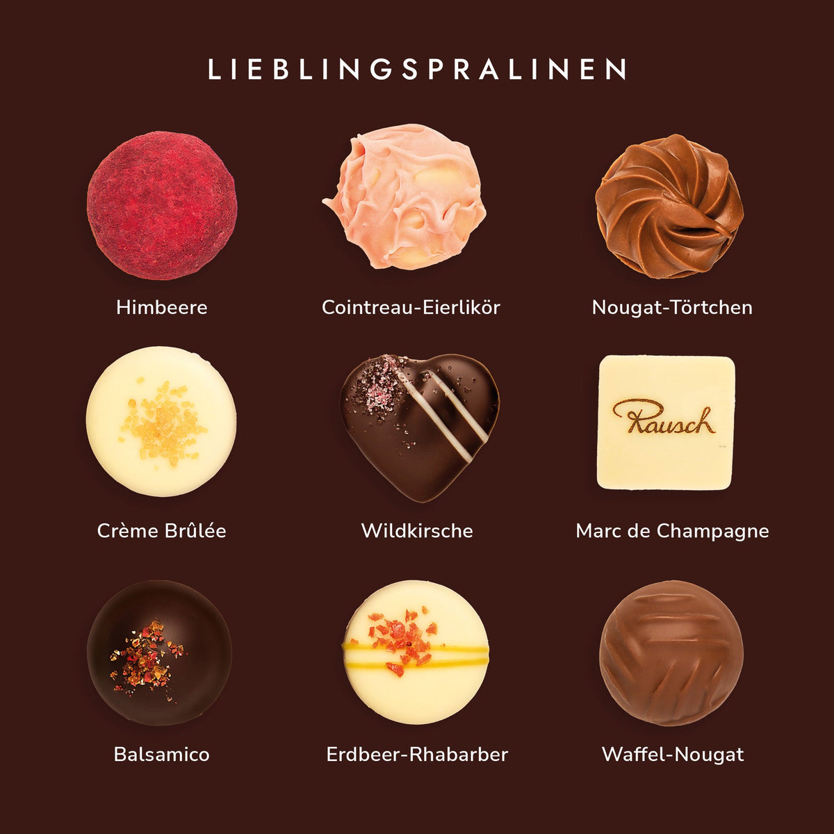 Neun Pralinensorten auf braunem Hintergrund: Himbeere, Cointreau-Eierlikör, Nougat-Törtchen, Crème Brûlée, Wildkirsche.